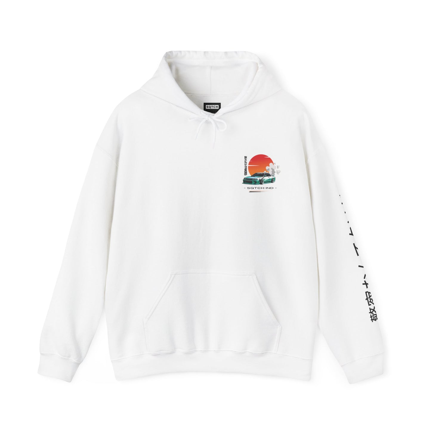 White hoody with a cool jdm car graphic & logo by Sqtch Industries
