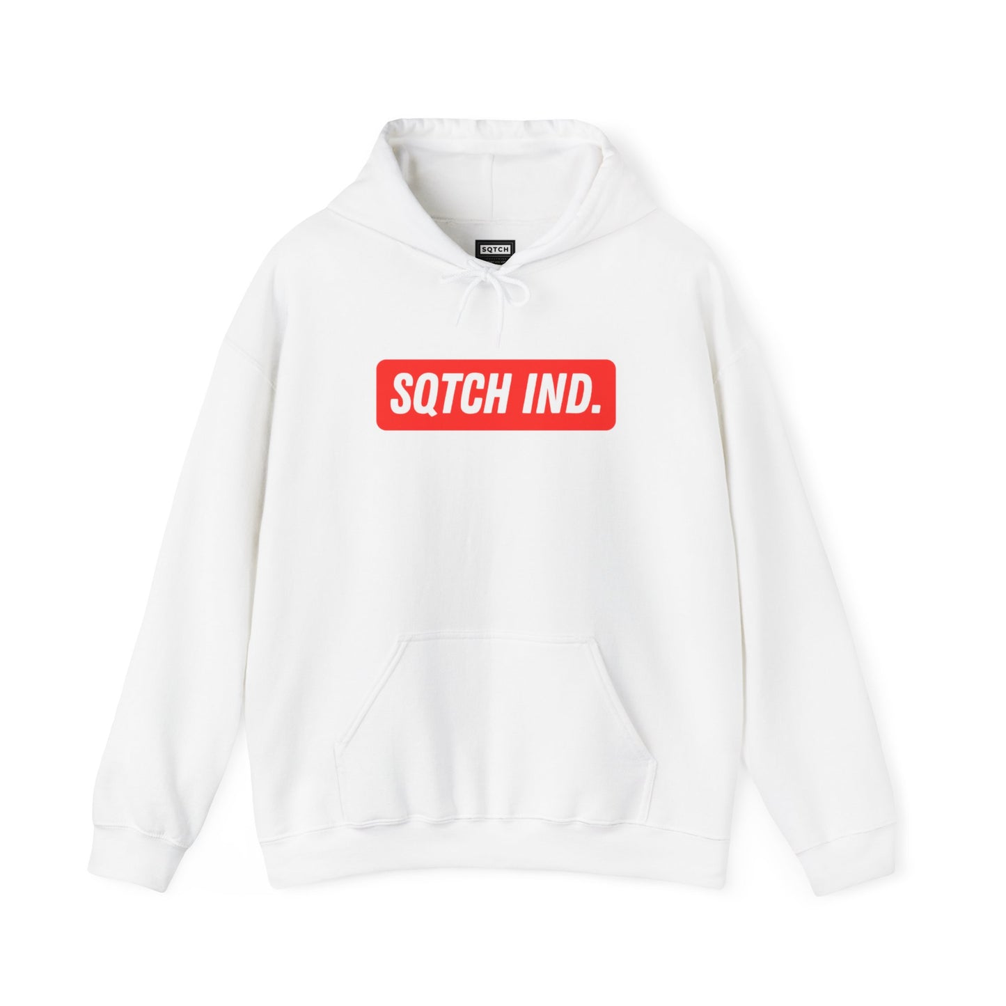 White hoody with a red sporty logo by Sqtch Industries