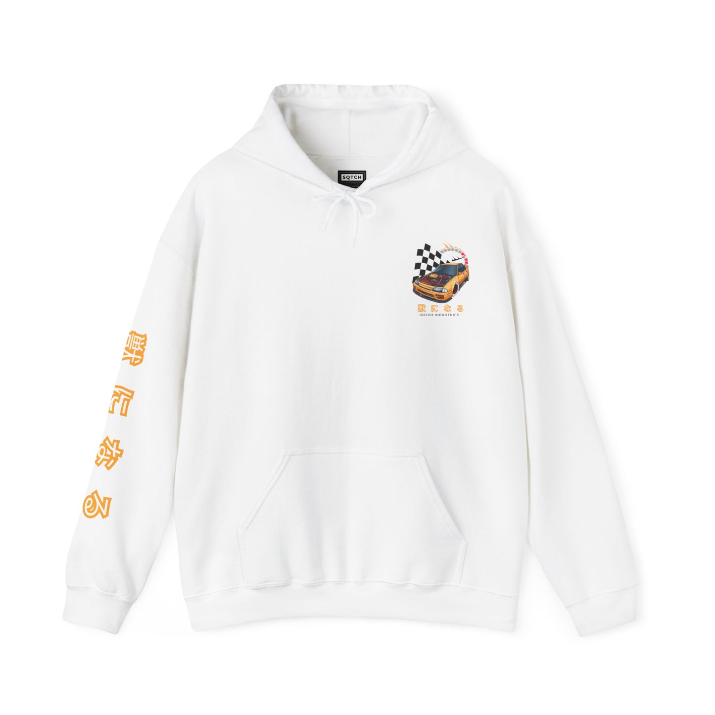 White drifting hoody with a cool jdm car graphic & logo by Sqtch Industries
