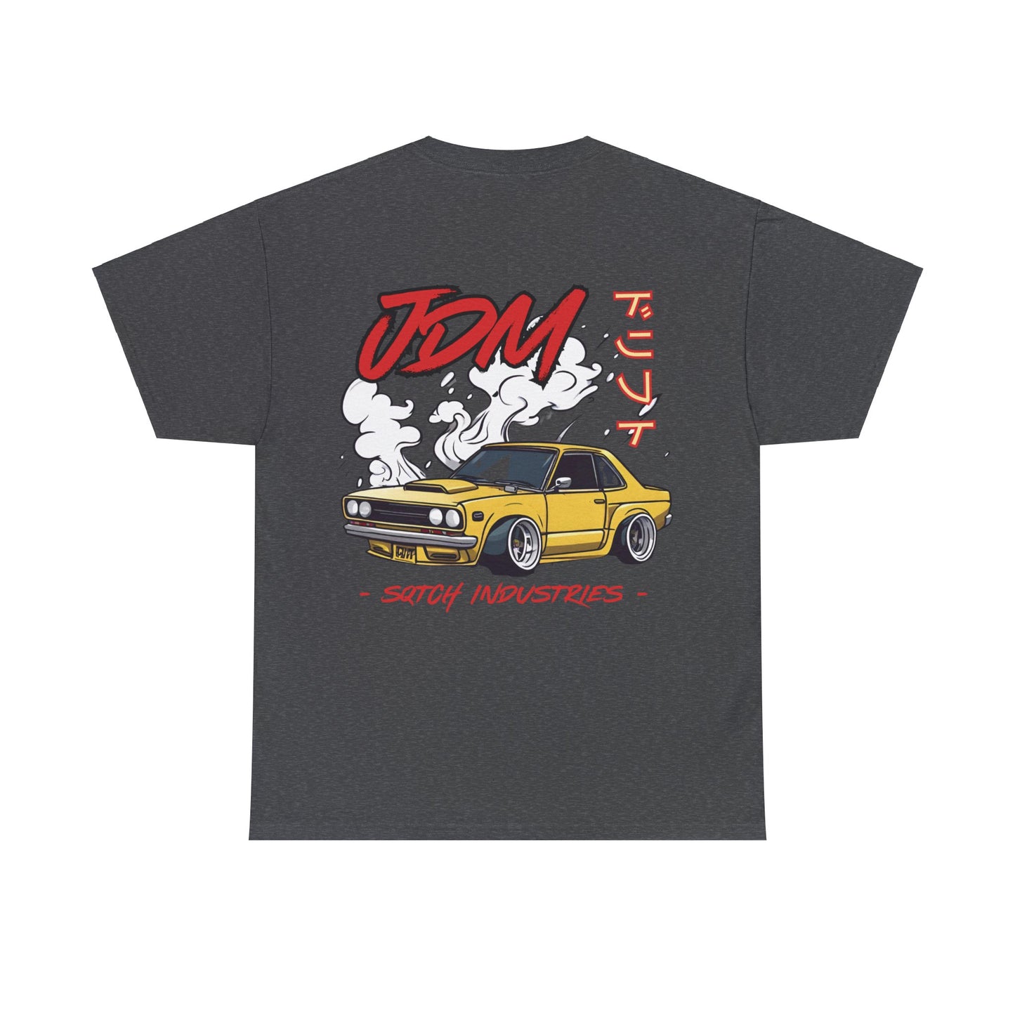Back of a grey drifting shirt with a cool jdm car graphic & logo by Sqtch Industries