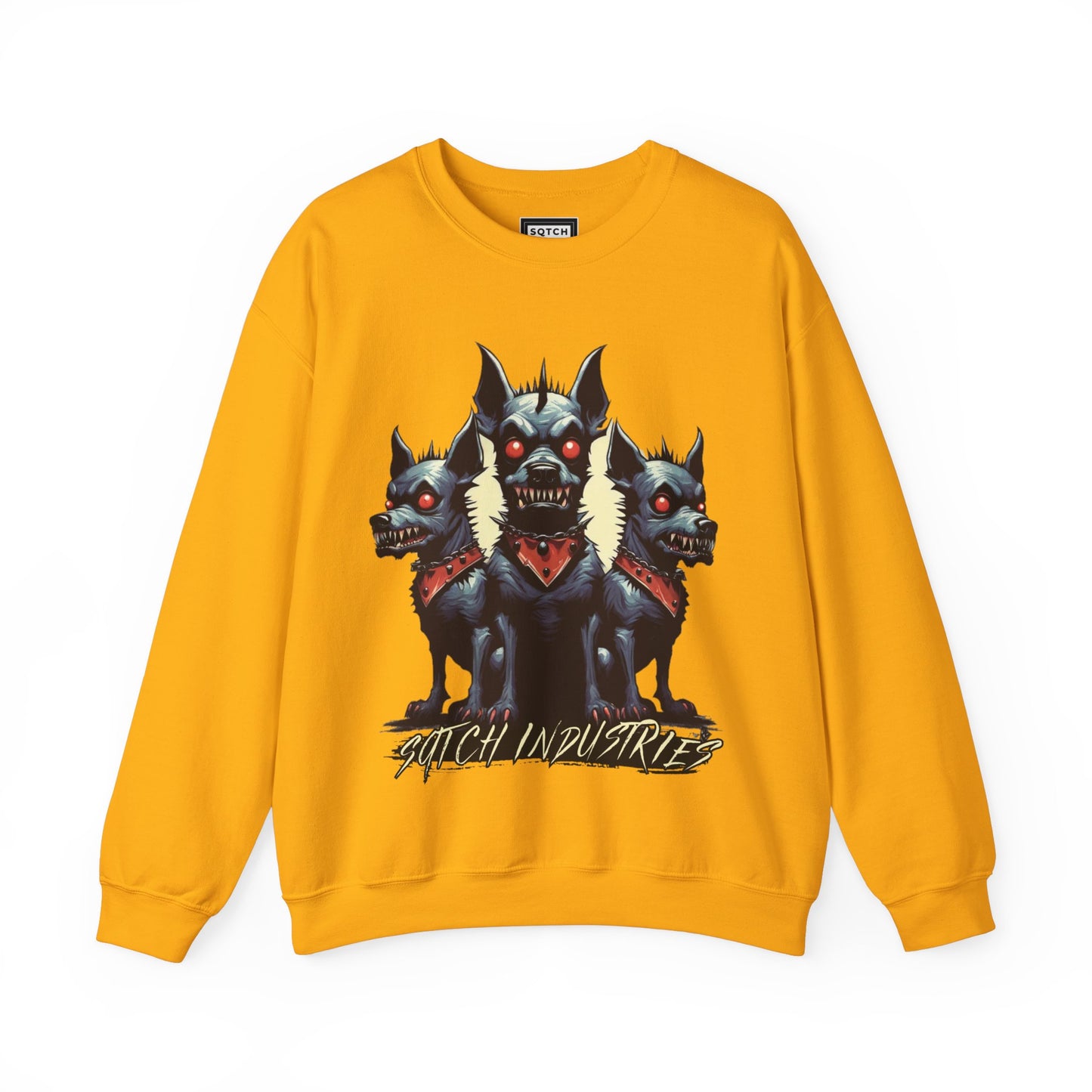 Yellow sweatshirt with a dog graphic & sqtch industries logo