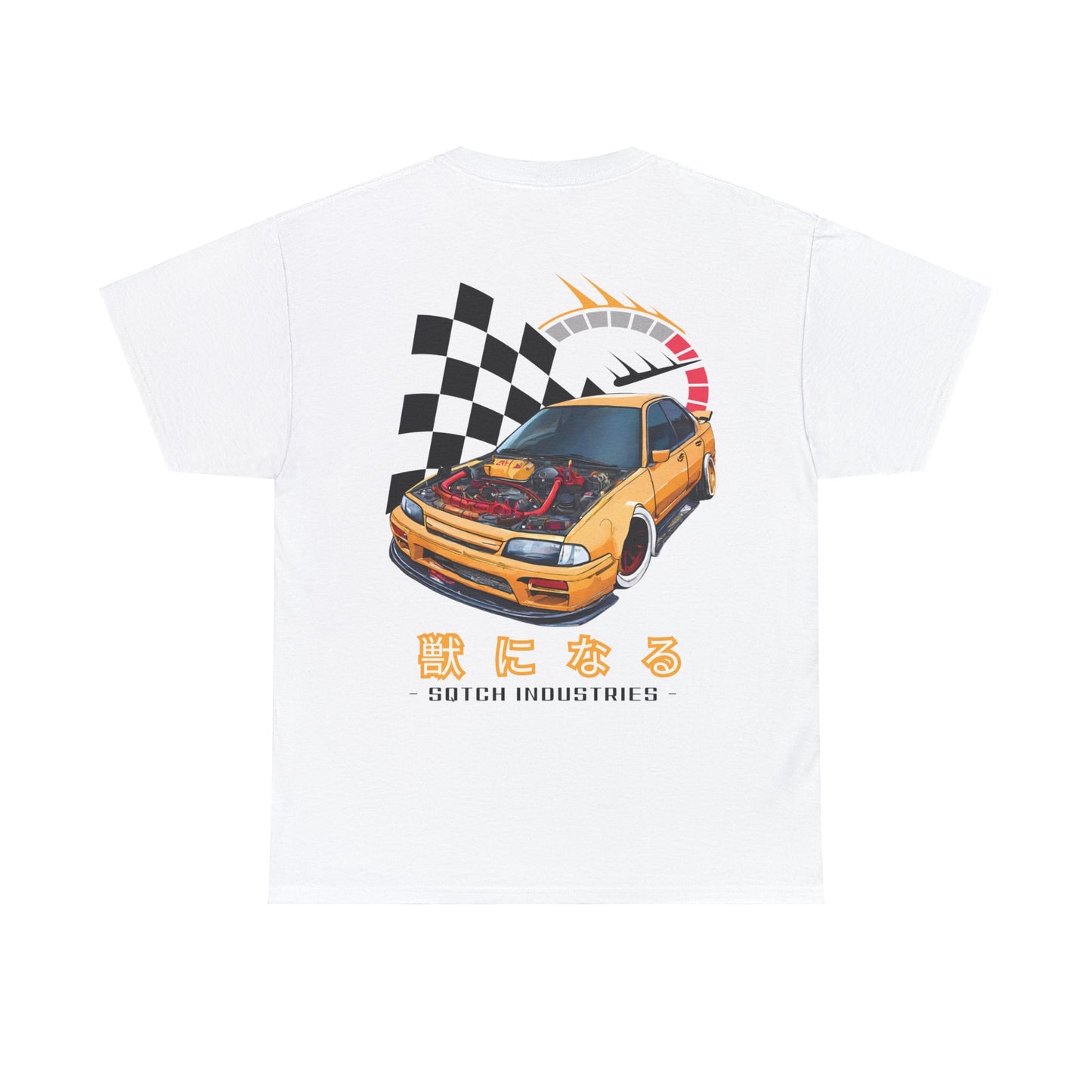 Back of a white drifting shirt with a cool jdm car graphic & logo by Sqtch Industries