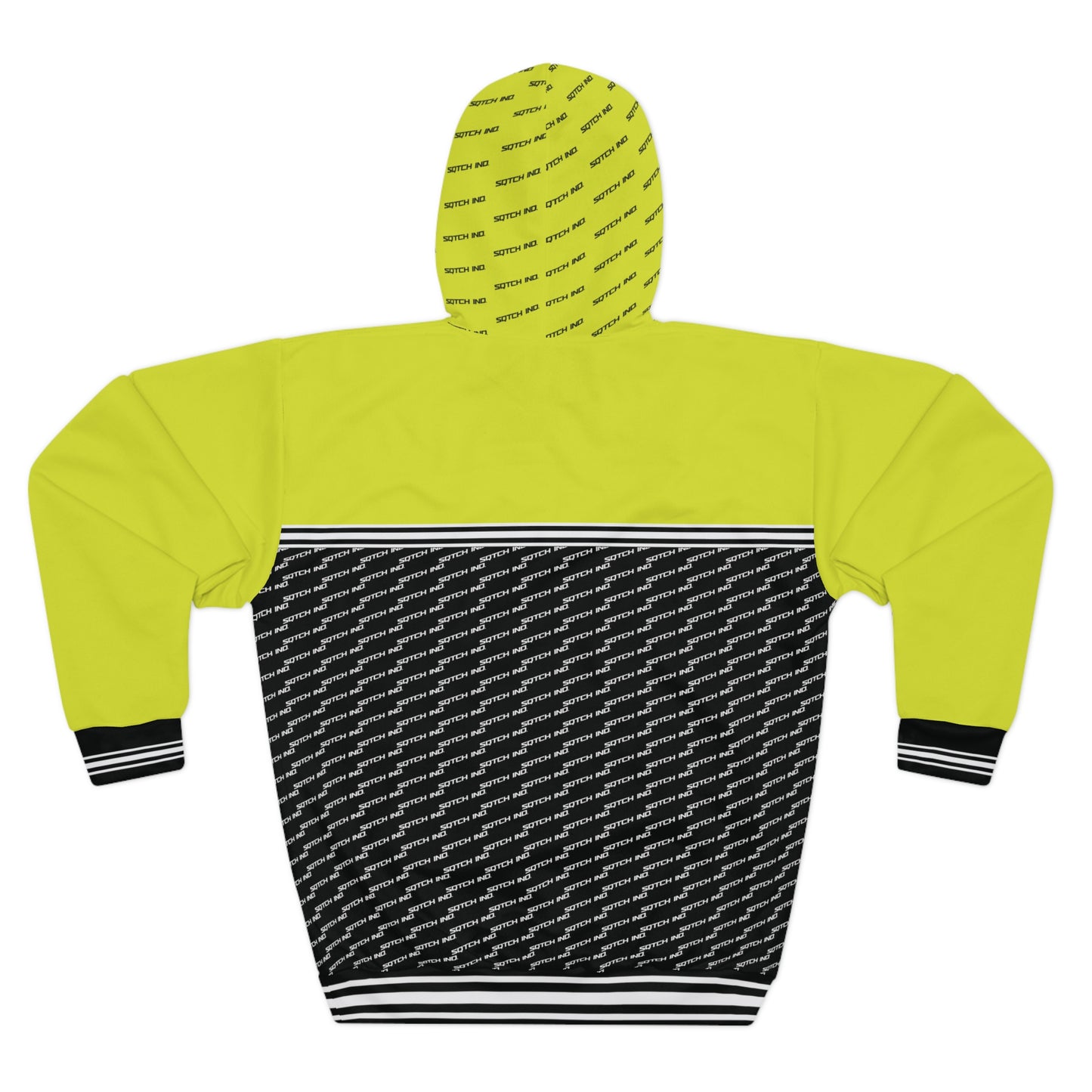 Back of a black & fluoro green hoody
