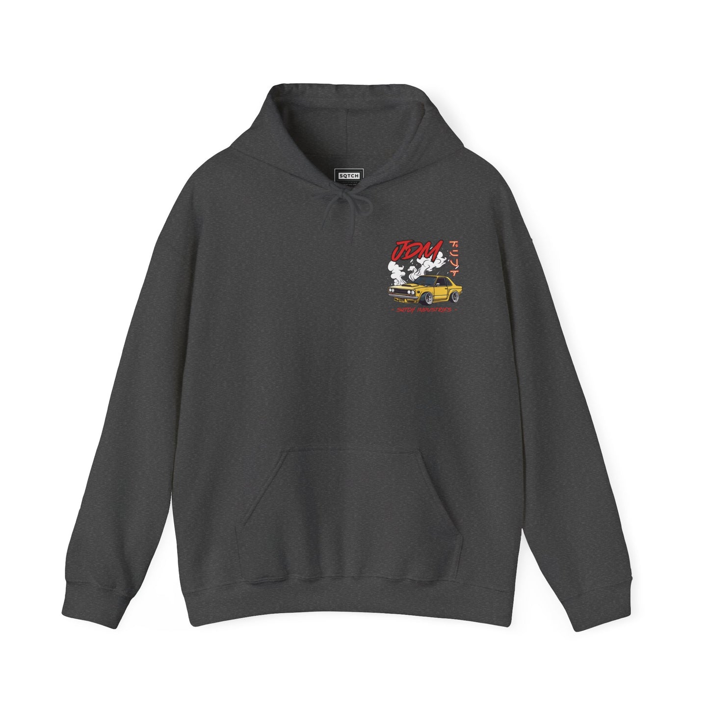 Grey drifting hoody with a cool jdm car graphic & logo by Sqtch Industries