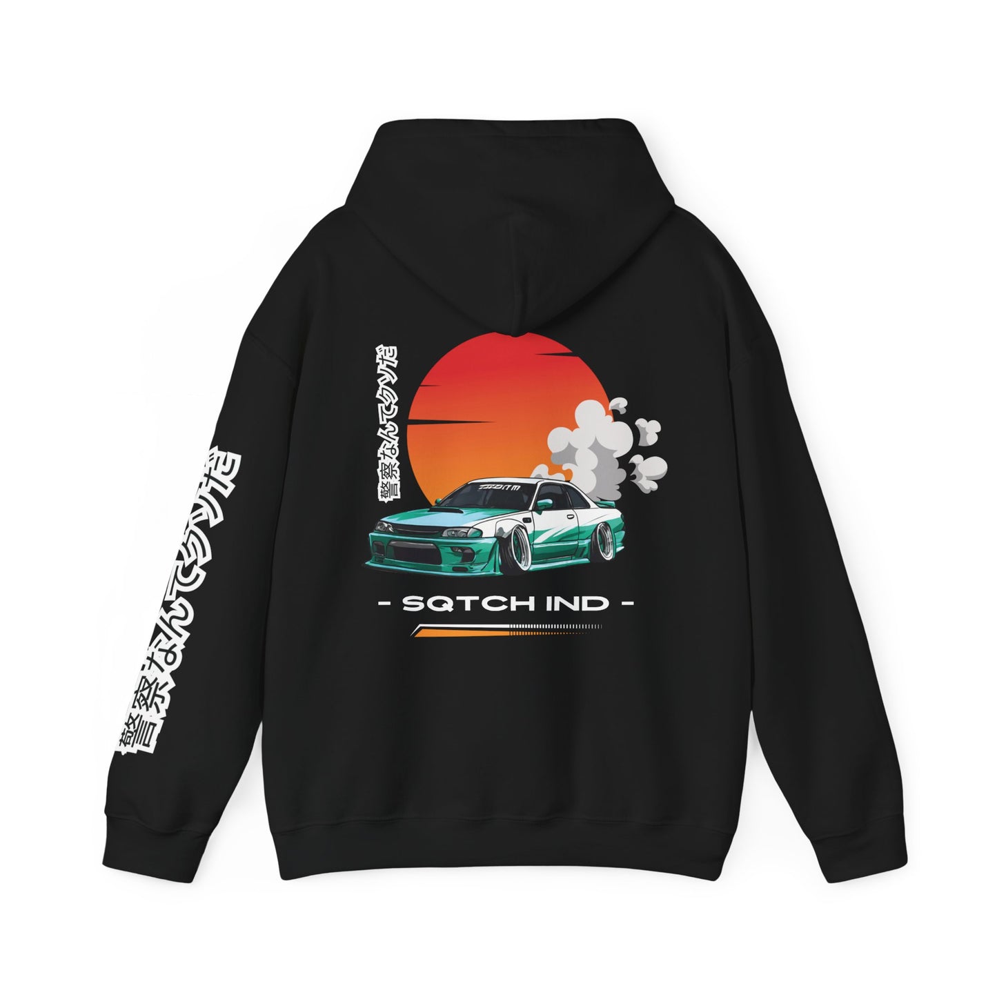 Black hoody with a cool jdm car graphic & logo by Sqtch Industries