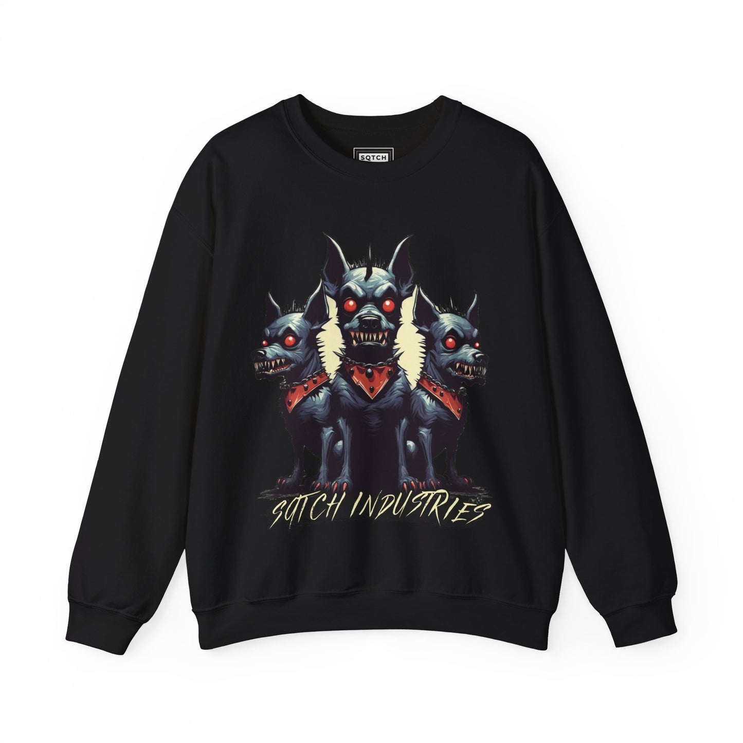 Black sweatshirt with a dog graphic & sqtch industries logo