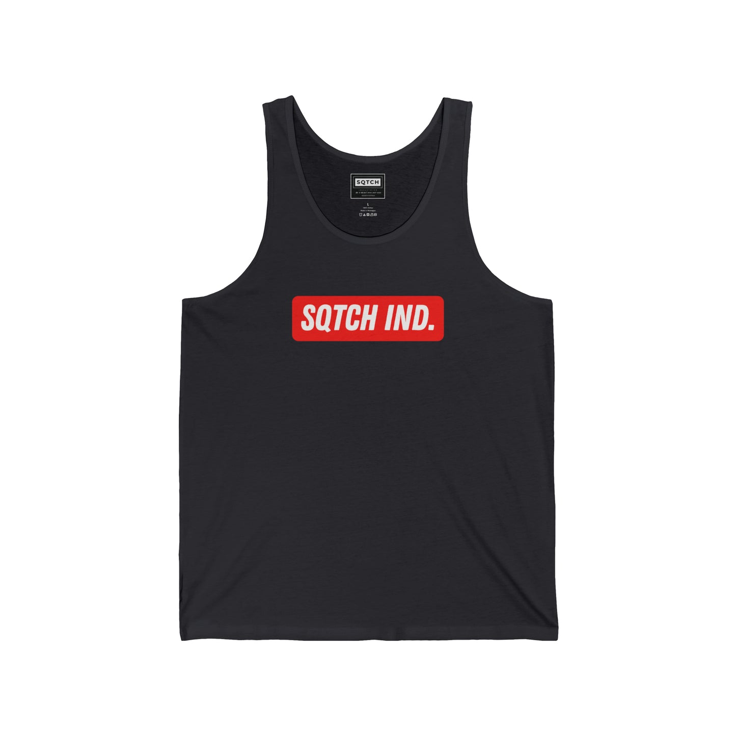 Black singlet with a red sporty logo by Sqtch Industries