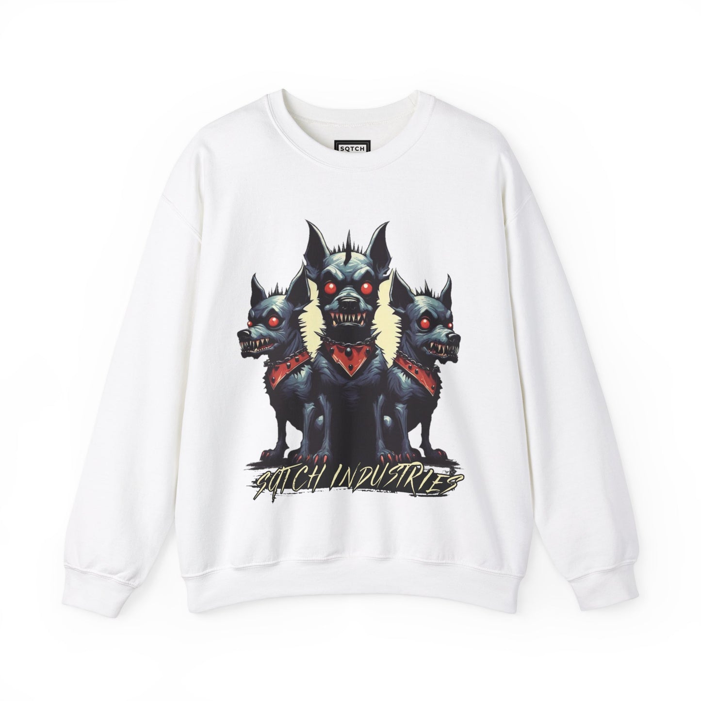 White sweatshirt with a dog graphic & sqtch industries logo
