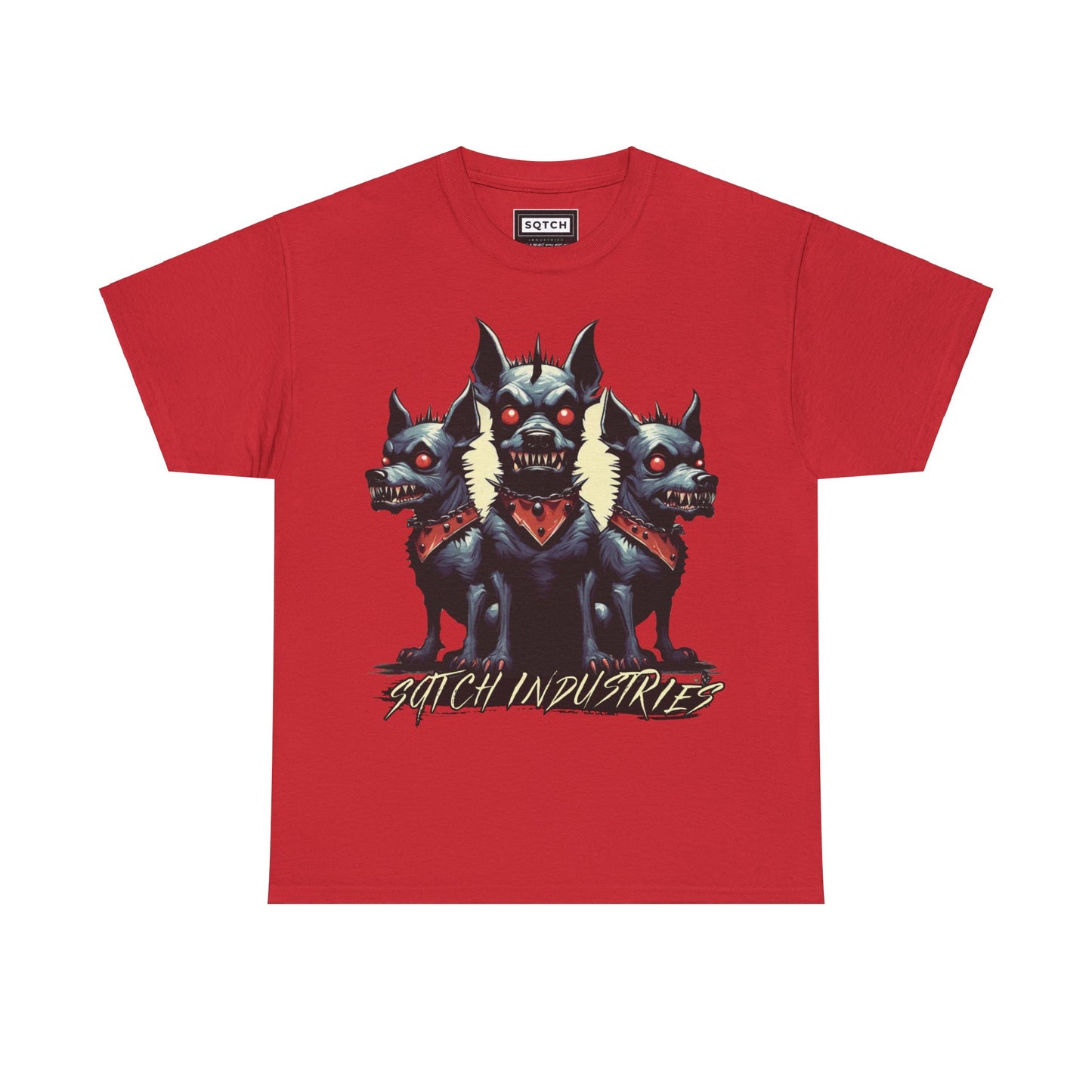 Red tee with a dog graphic & sqtch industries logo