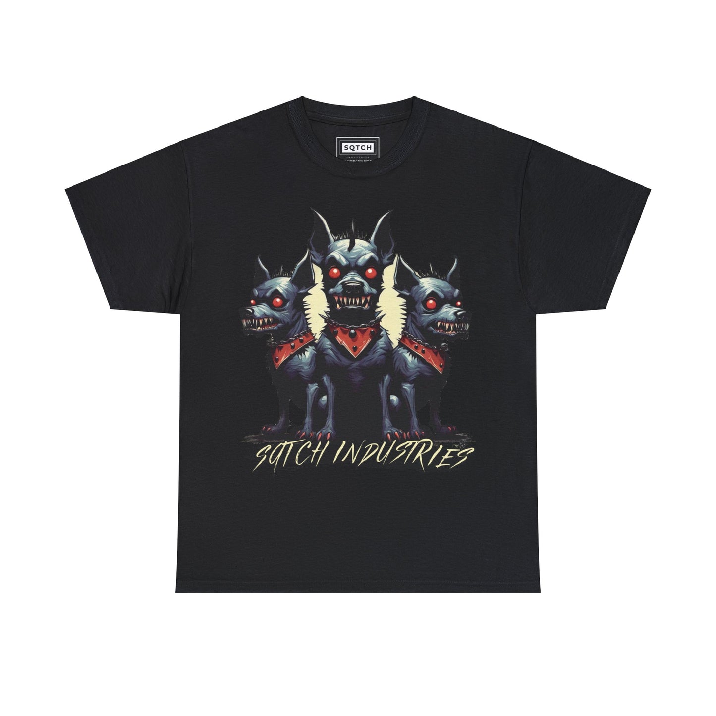 Black tee with a dog graphic & sqtch industries logo