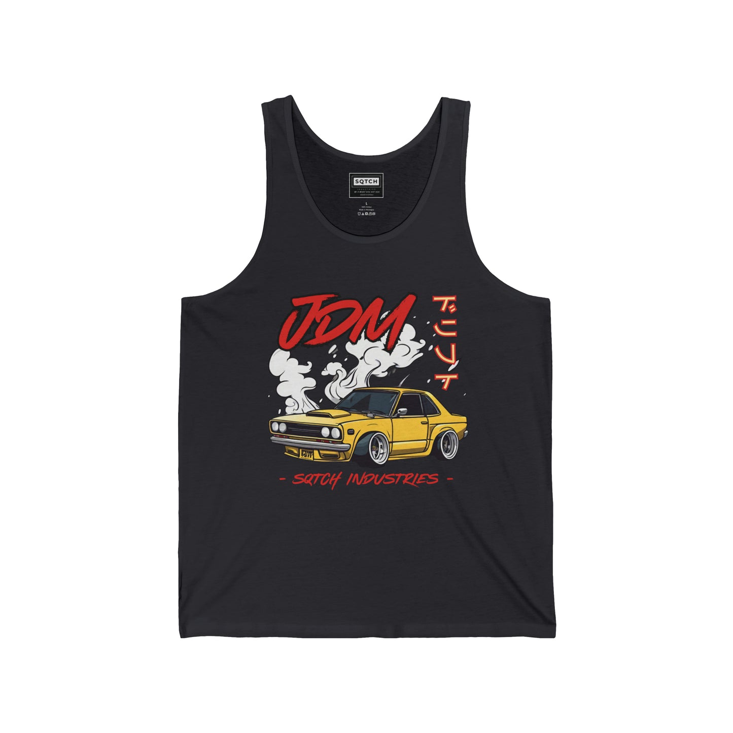 Grey drifting singlet with a cool jdm car graphic & logo by Sqtch Industries