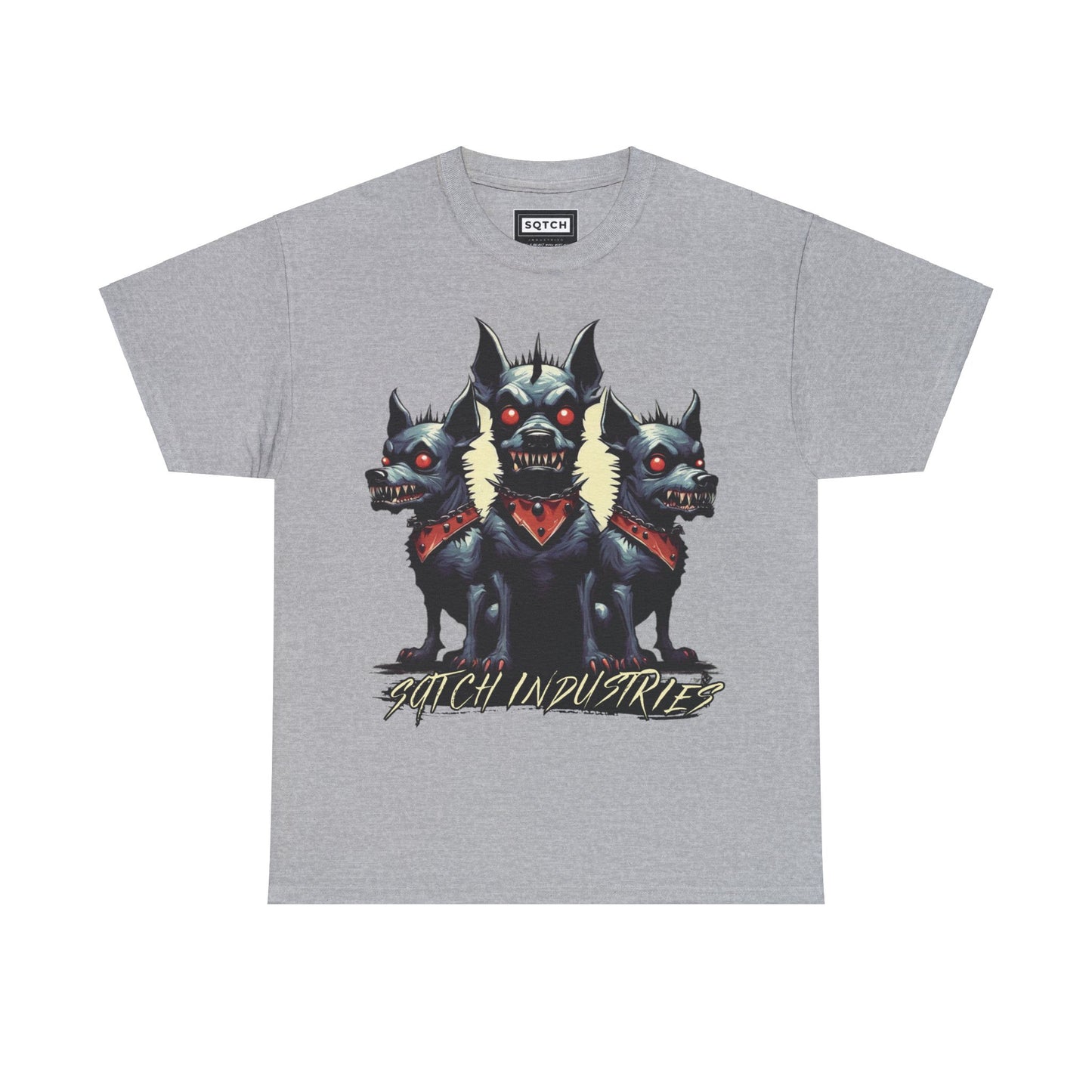 Grey tee with a dog graphic & sqtch industries logo