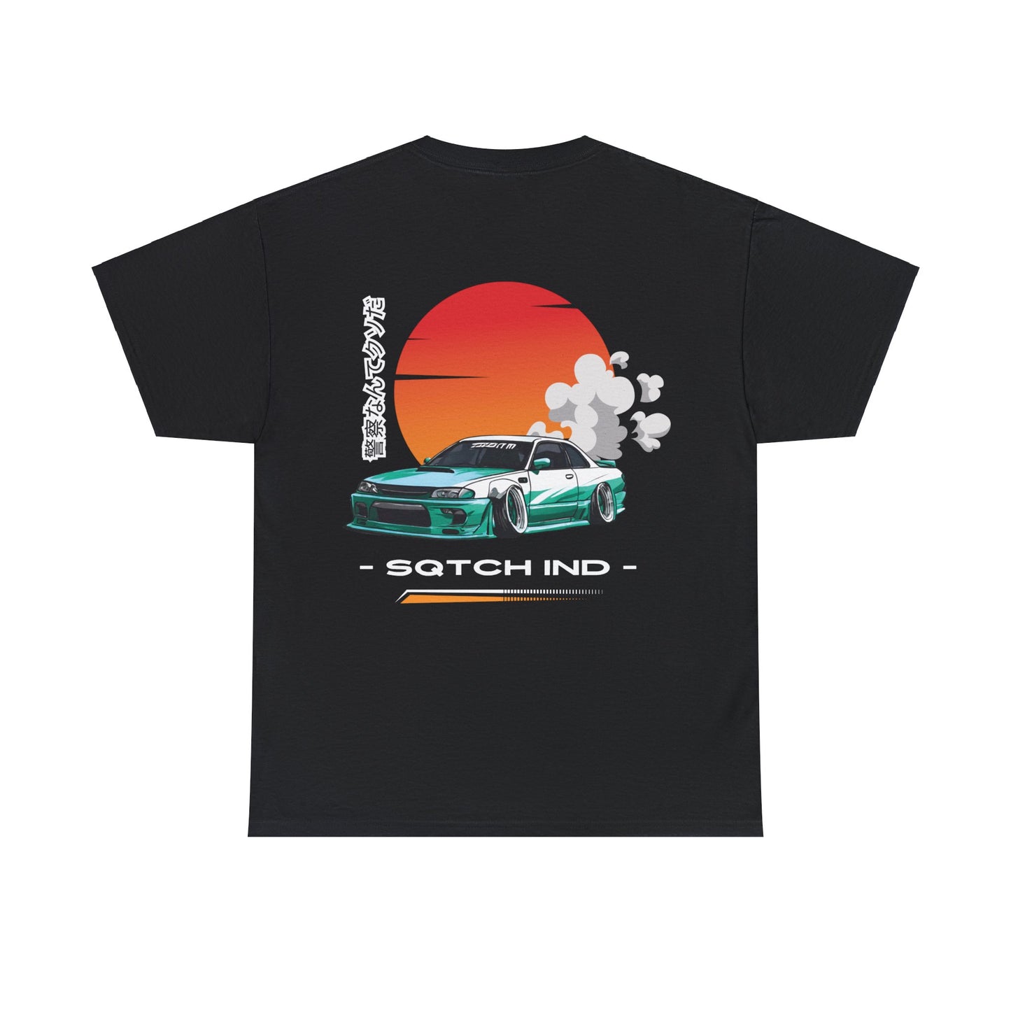 Back view of a black tee with a cool jdm car graphic & logo by Sqtch Industries