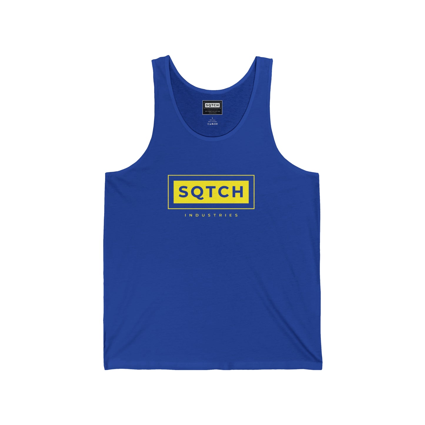 Blue Men's singlet with a yellow Sqtch Industries logo