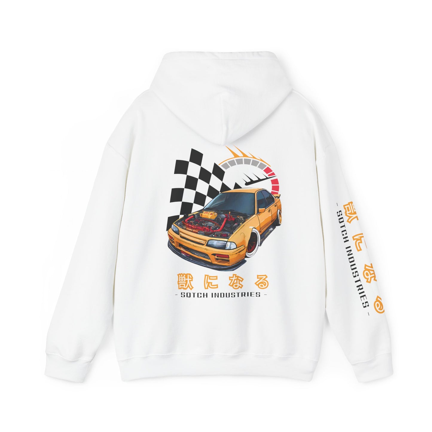 Back of a white drifting hoody with a cool jdm car graphic & logo by Sqtch Industries
