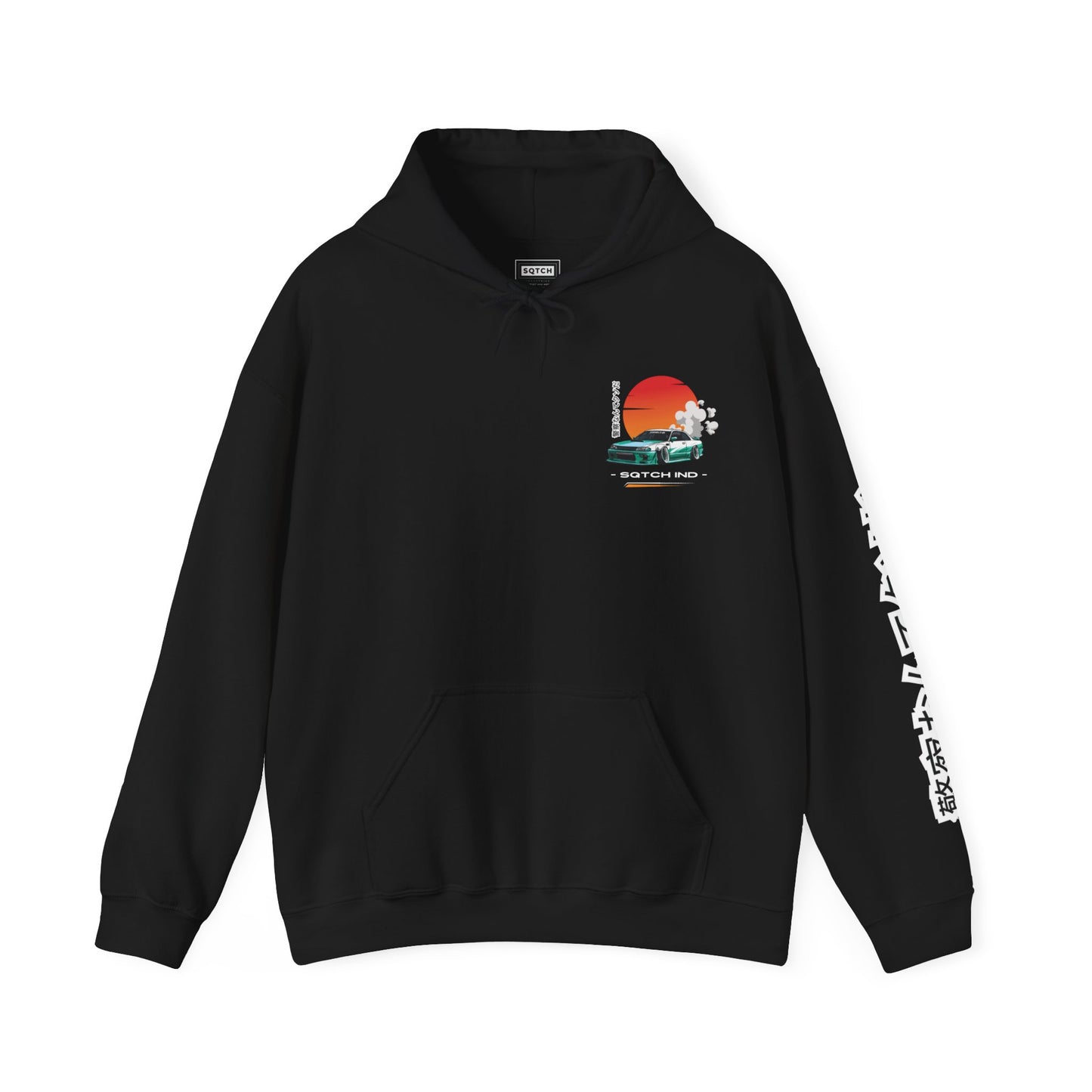 Black hoody with a cool jdm car graphic & logo by Sqtch Industries
