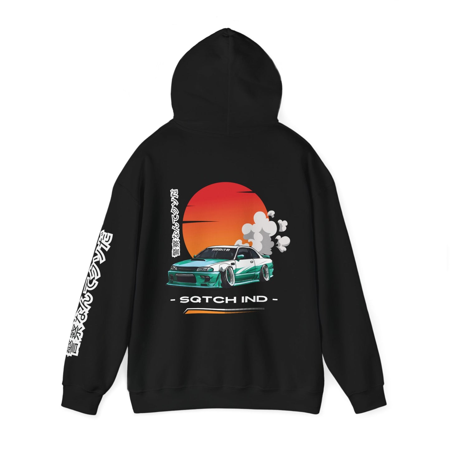 Back view of a Black hoody with a cool jdm car graphic & logo by Sqtch Industries