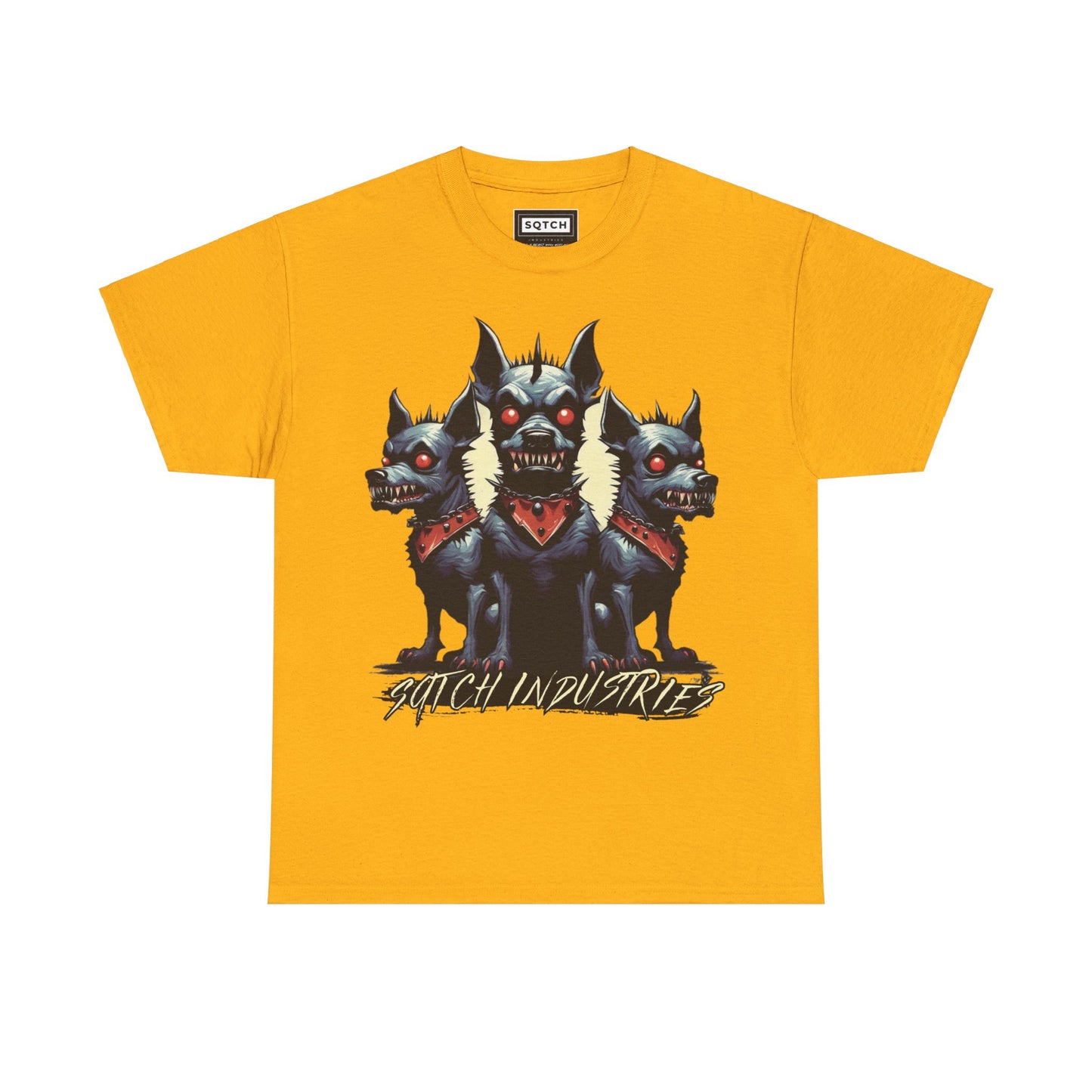 Yellow tee with a dog graphic & sqtch industries logo