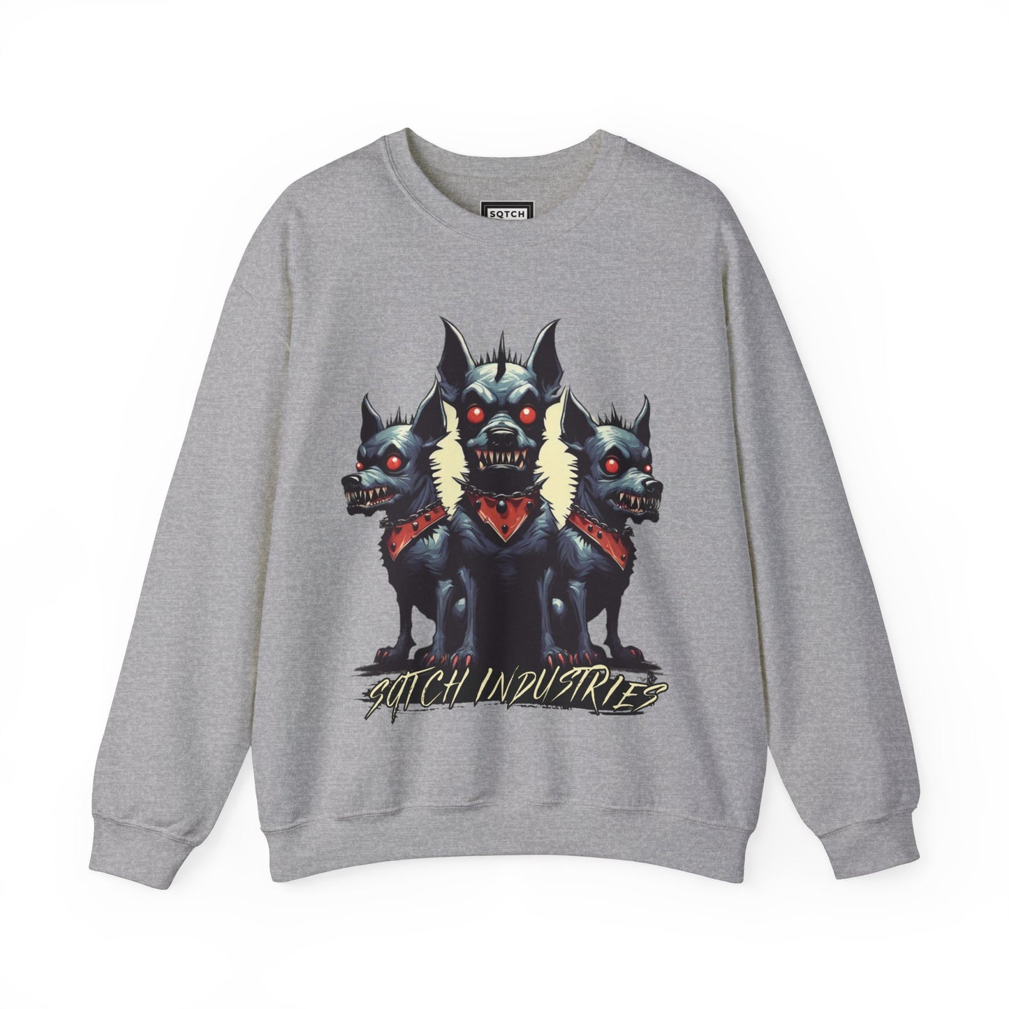 Grey sweatshirt with a dog graphic & sqtch industries logo