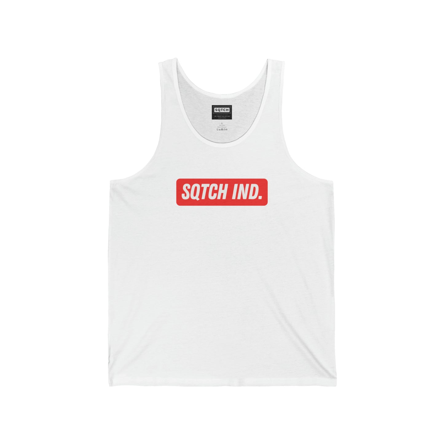 White singlet with a red sporty logo by Sqtch Industries