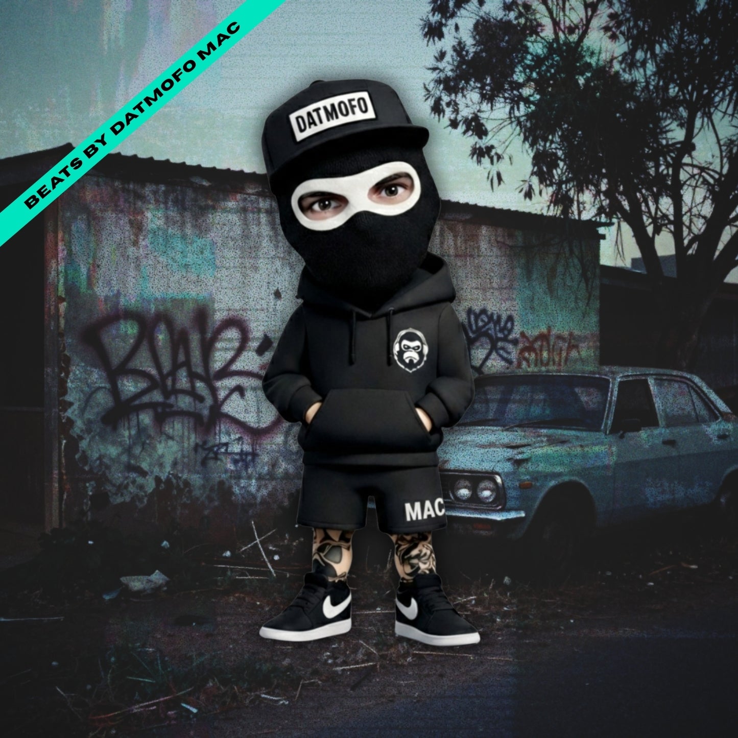 Person wearing a black hoodie and mask with 'DATMOFO' branding, standing in front of a graffiti-covered wall and old car. hip hop beats music cover.