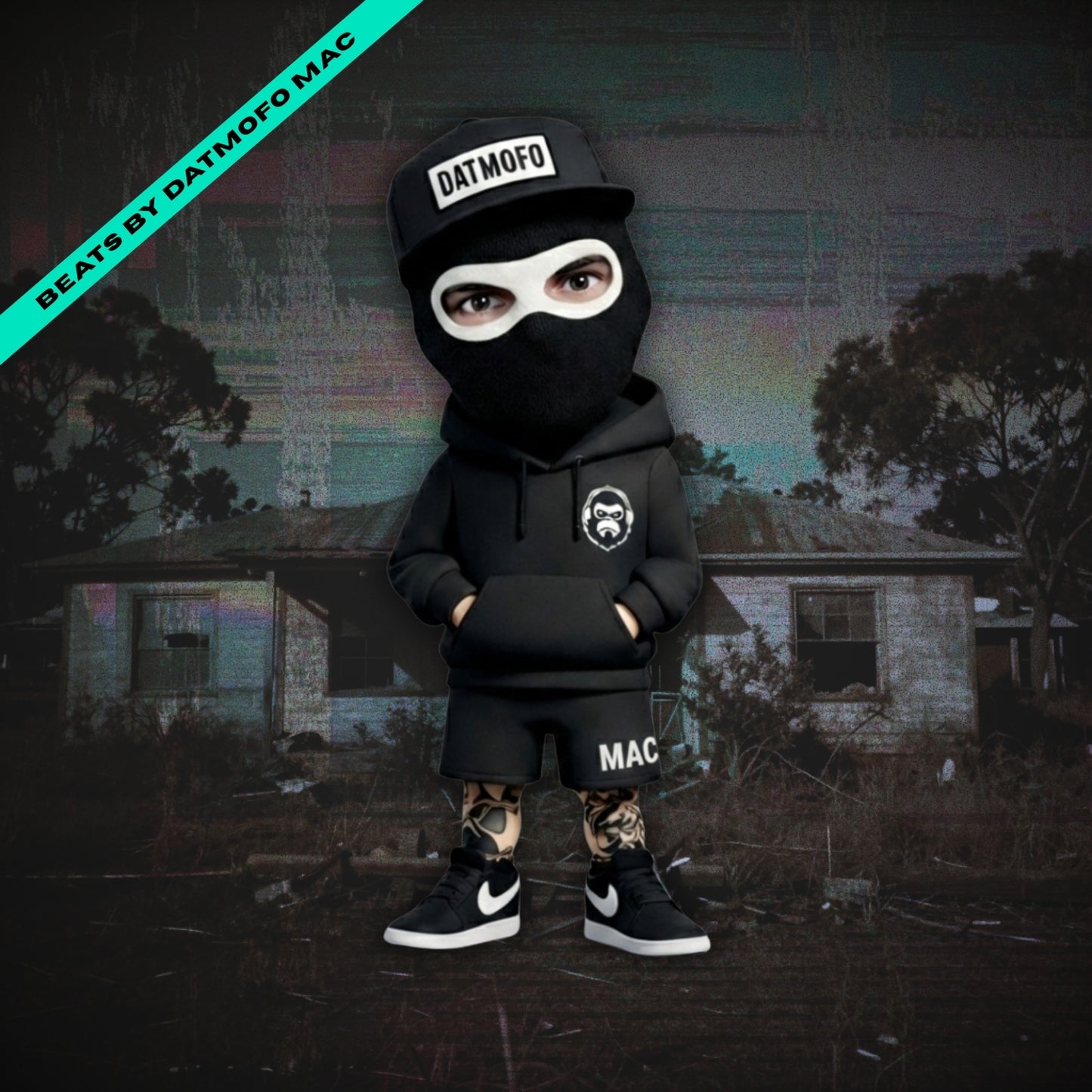 Person wearing a black outfit with 'DATMOFO' and 'MAC' branding in front of a dilapidated building.