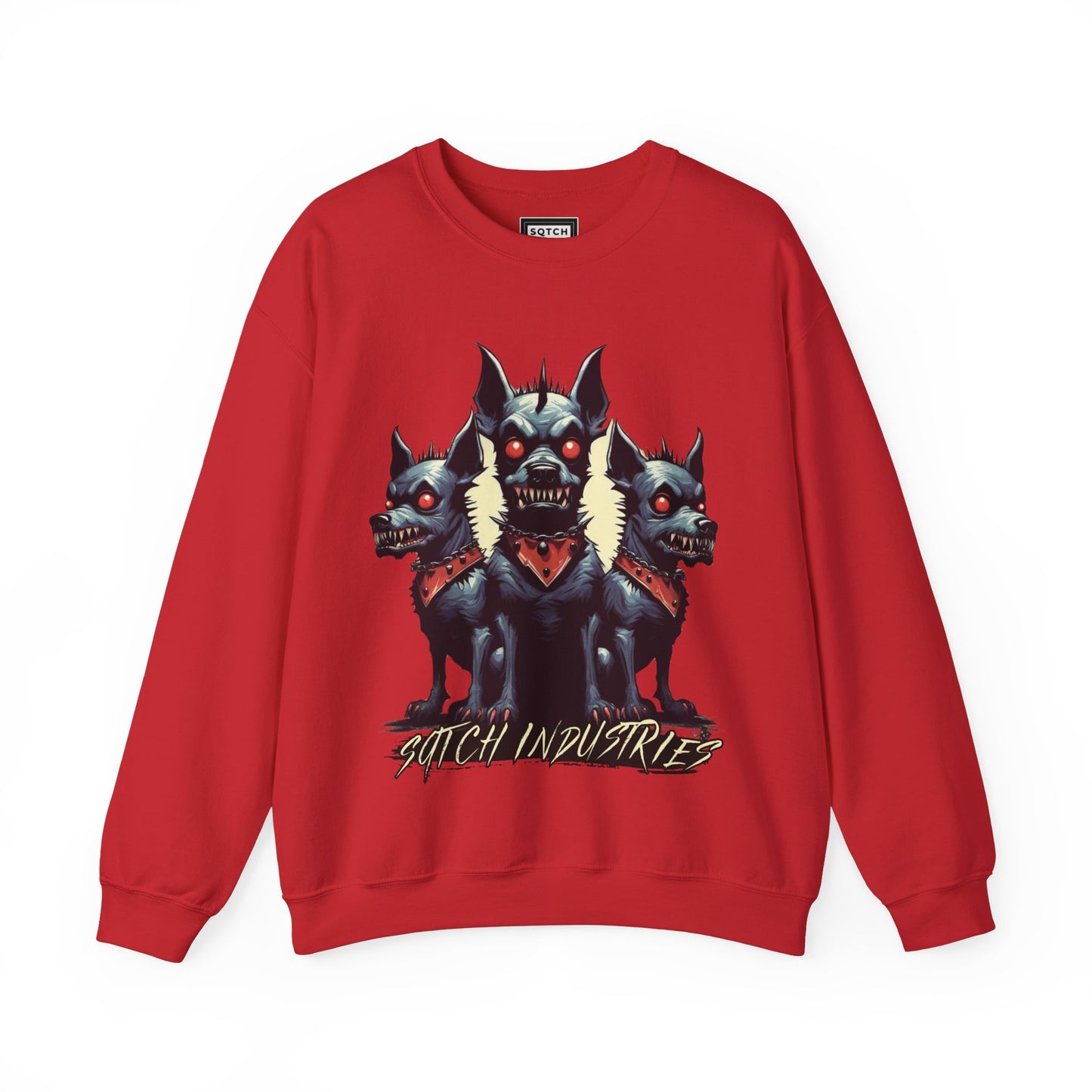 Red sweatshirt with a dog graphic & sqtch industries logo