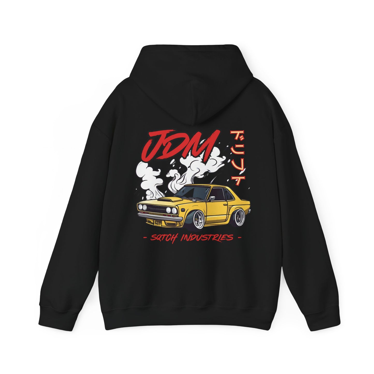 Back of a Black drifting hoody with a cool jdm car graphic & logo by Sqtch Industries