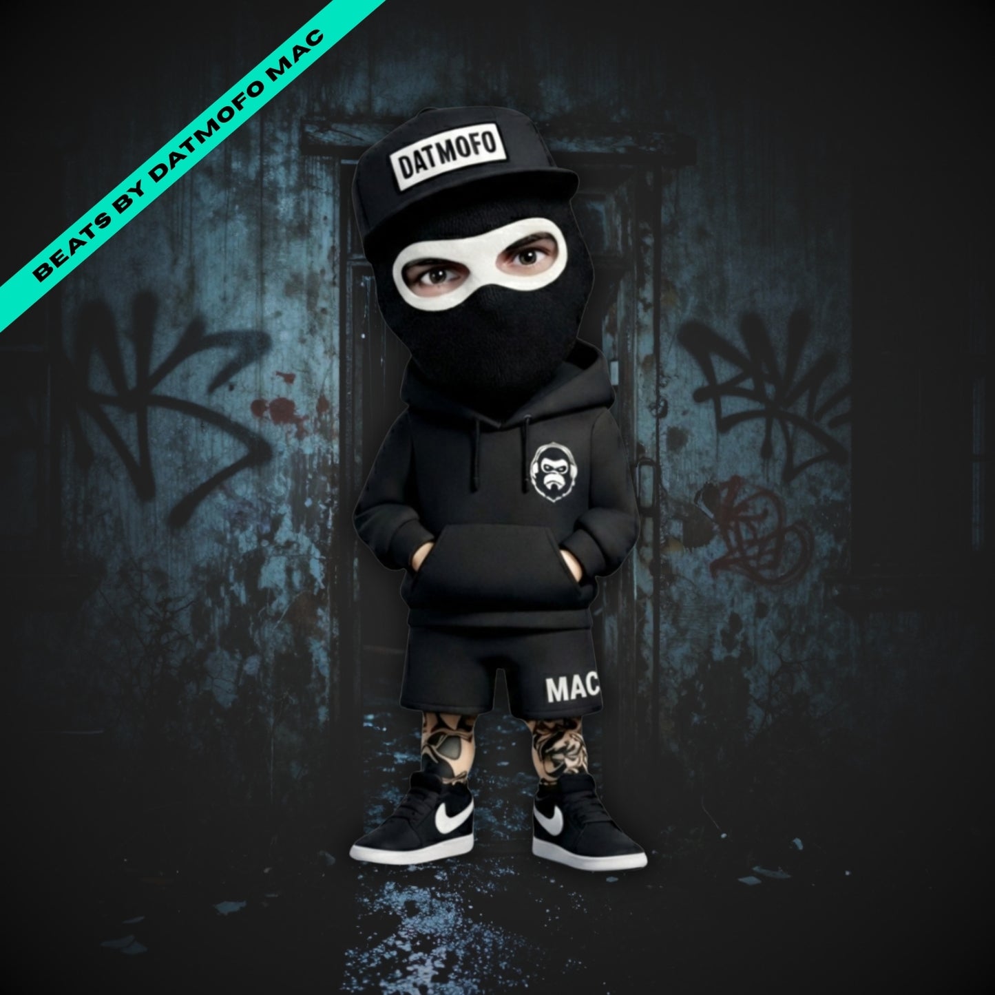 Cartoon Person wearing a black outfit with 'DATMOFO' and 'MAC' branding against a dark, graffiti-covered wall. hip hop beats music cover.