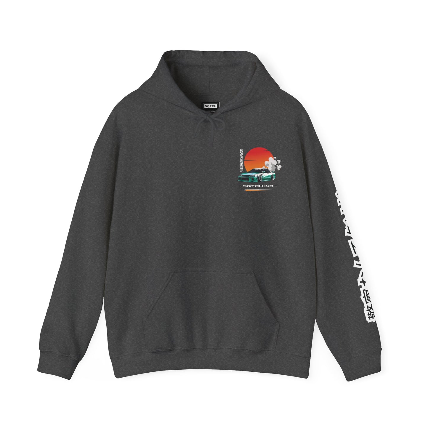 Grey hoody with a cool jdm car graphic & logo by Sqtch Industries