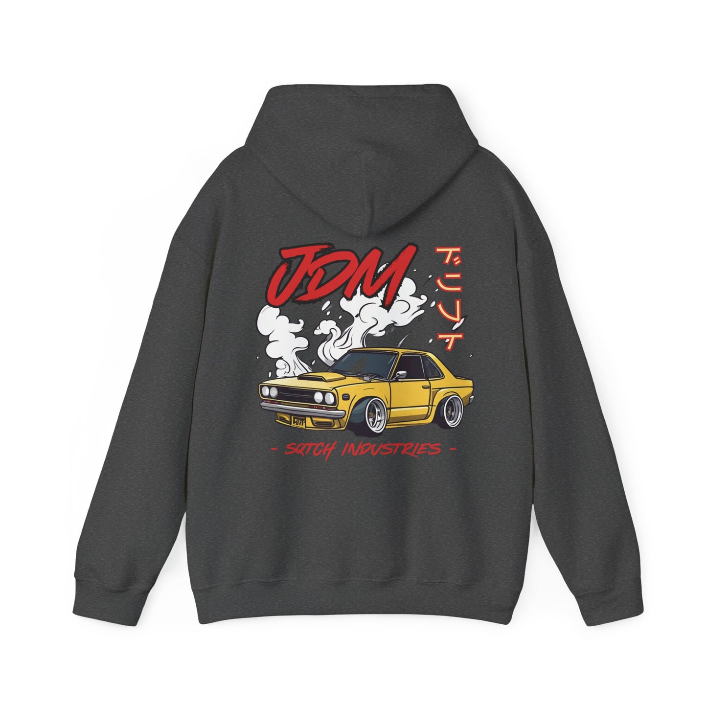 Back of a grey drifting hoody with a cool jdm car graphic & logo by Sqtch Industries