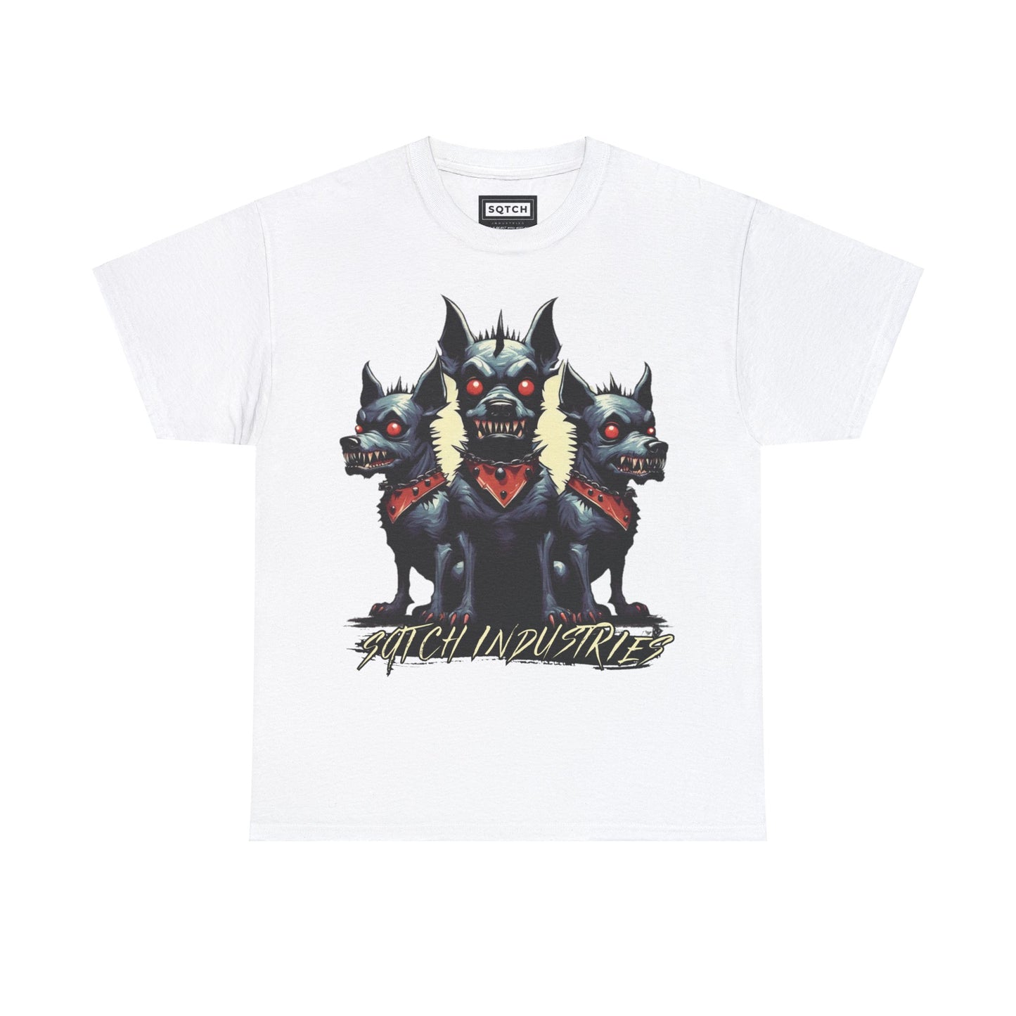 White tee with a dog graphic & sqtch industries logo