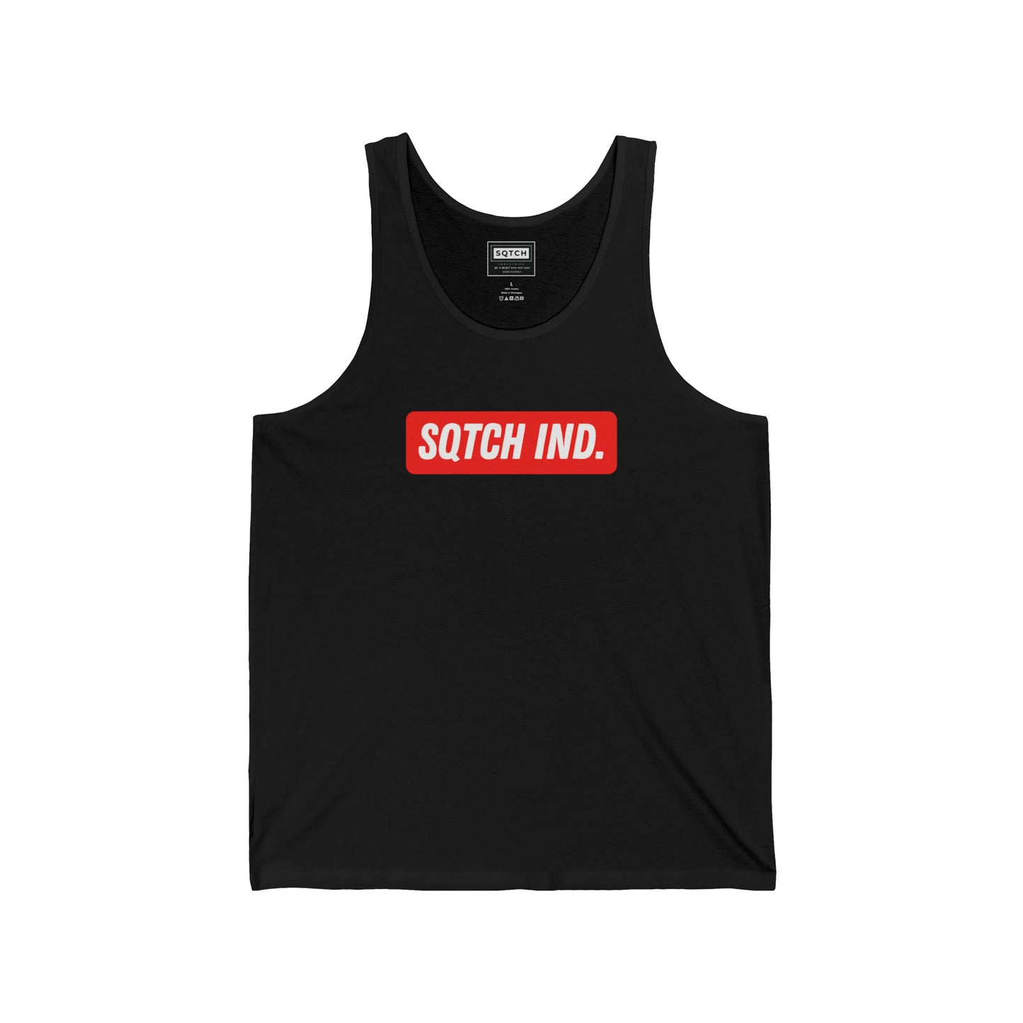 Black singlet with a red sporty logo by Sqtch Industries