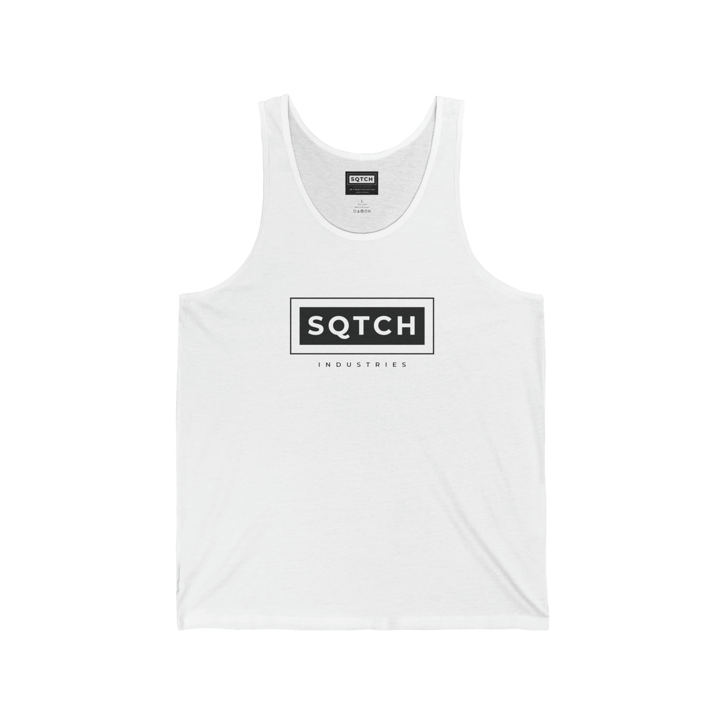 White Men's singlet with a Sqtch Industries logo