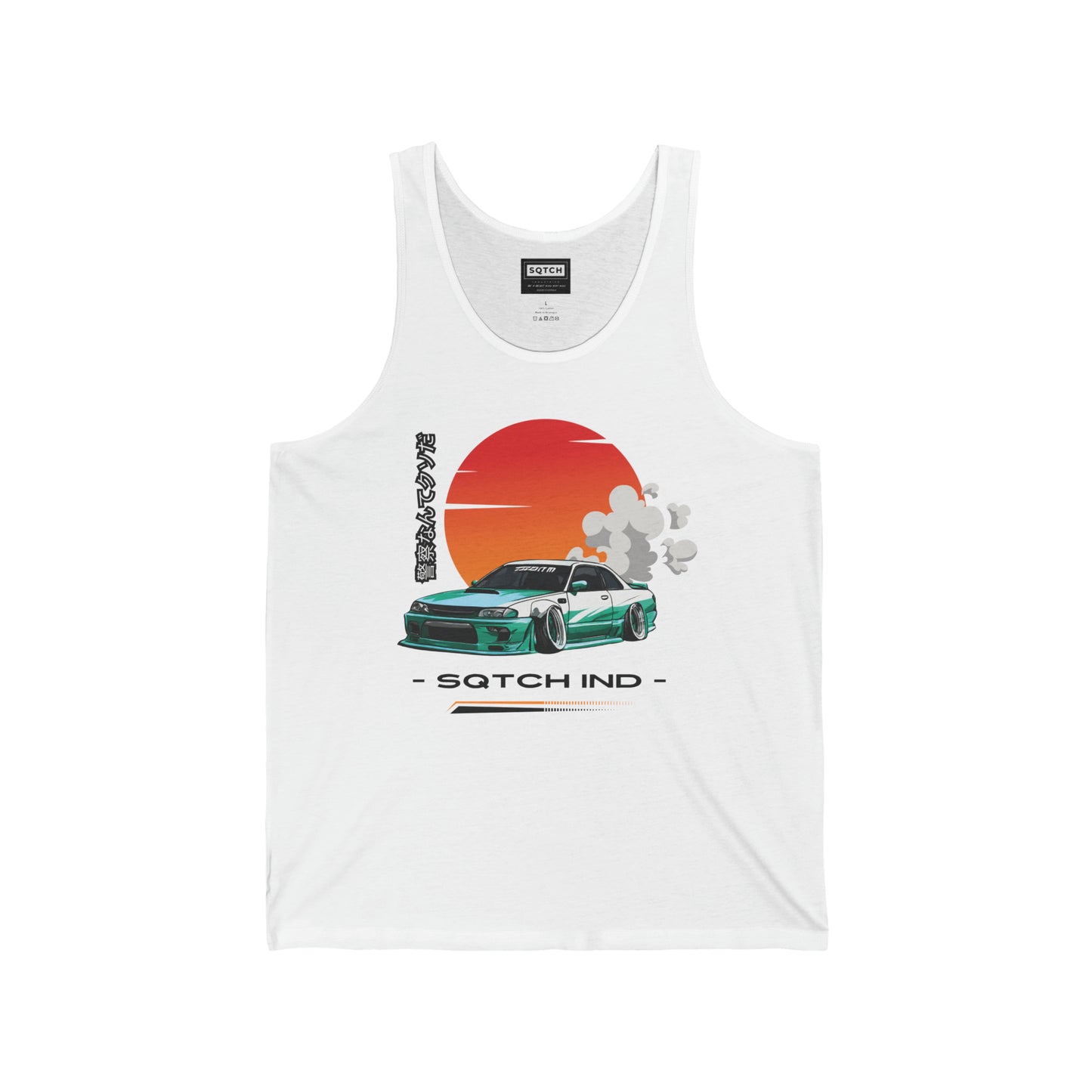 White singlet with a cool jdm car graphic & logo by Sqtch Industries