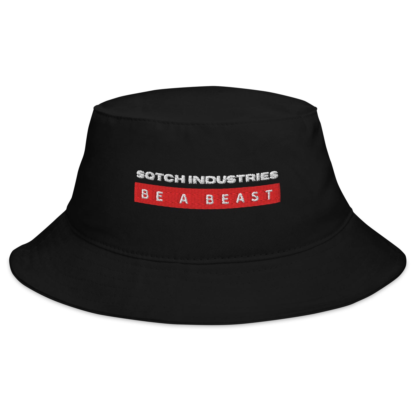A black bucket hat with the text 'SQTCH INDUSTRIES BE A BEAST' printed on the front.