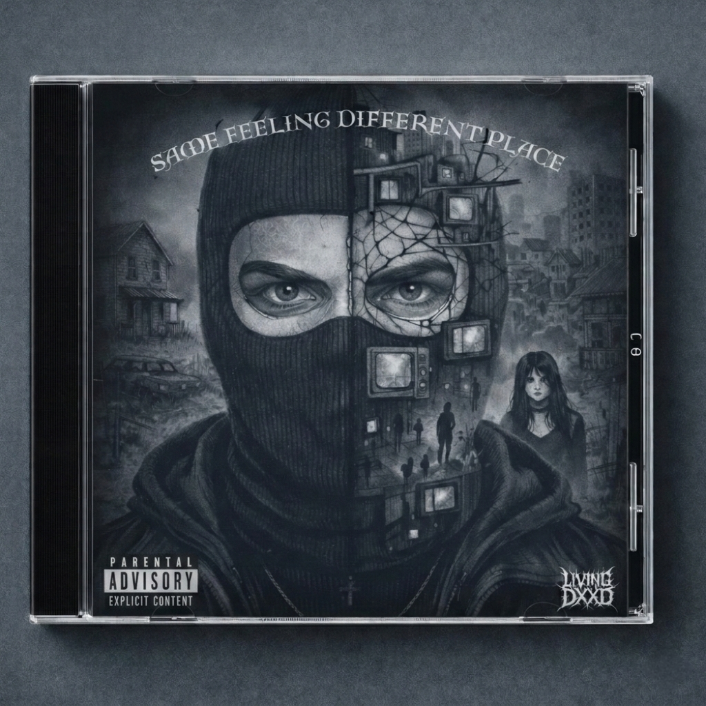 CD cover with a stylized face and cityscape, featuring the text 'Same Feeling Different Place' and 'Living DXXD'.