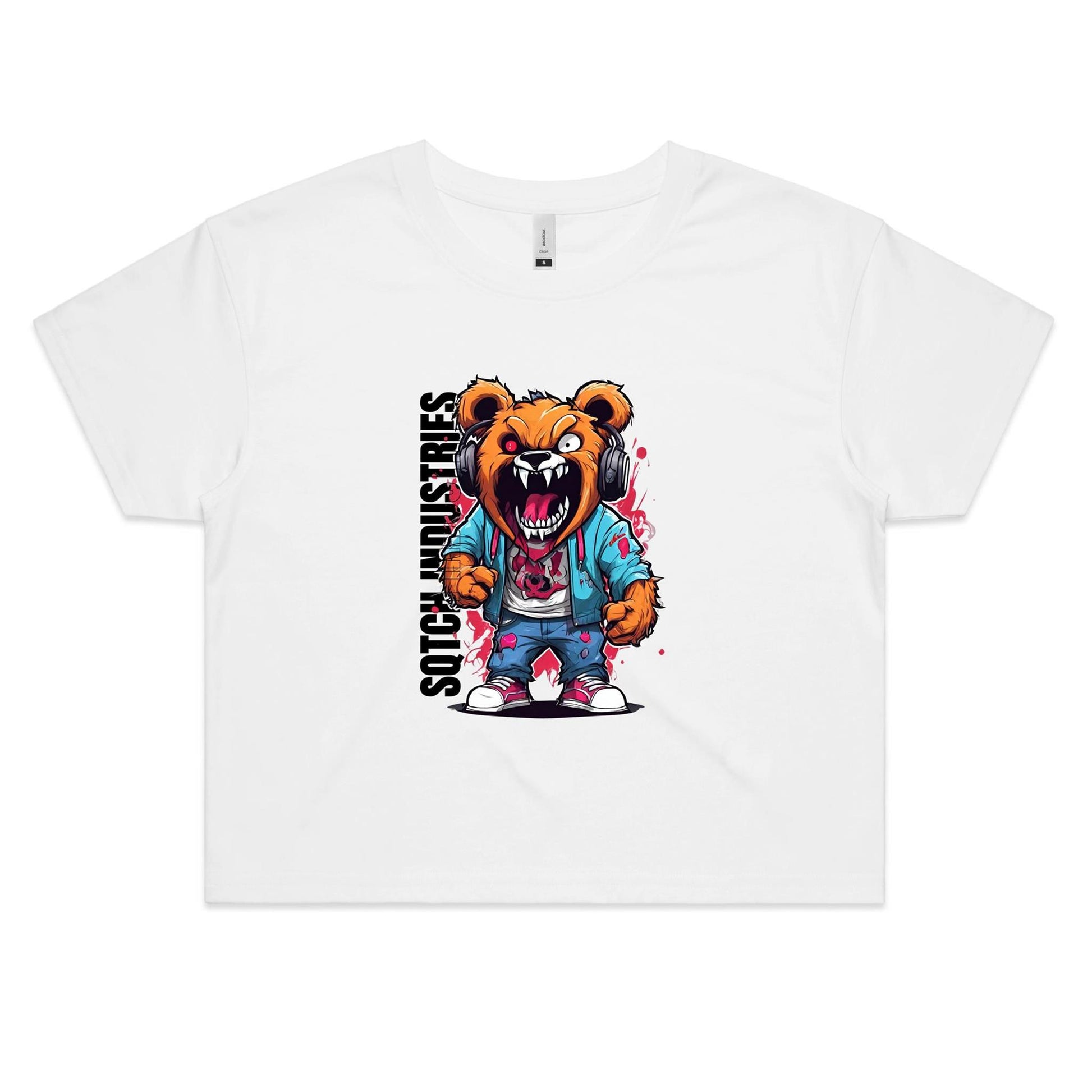 White ladies crop top tee with a scary bear graphic