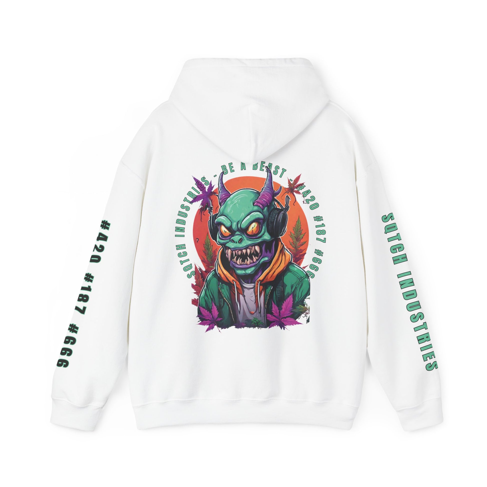 Back of a white cartoon style gunja goblin four twenty hoody