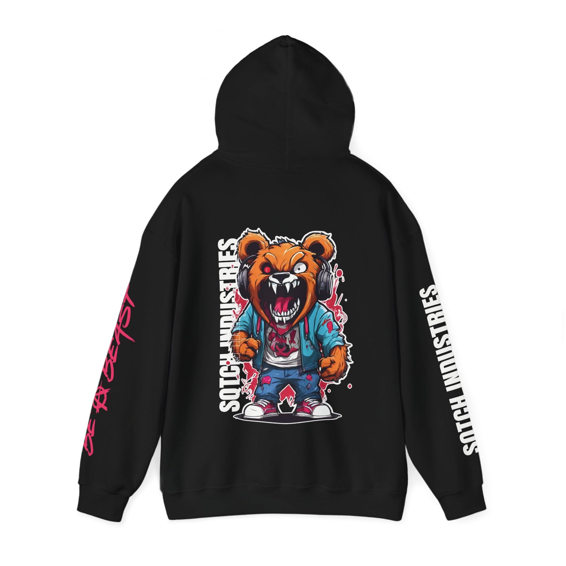 Back of a black teddy bear graphic cartoon hoodie, hood up