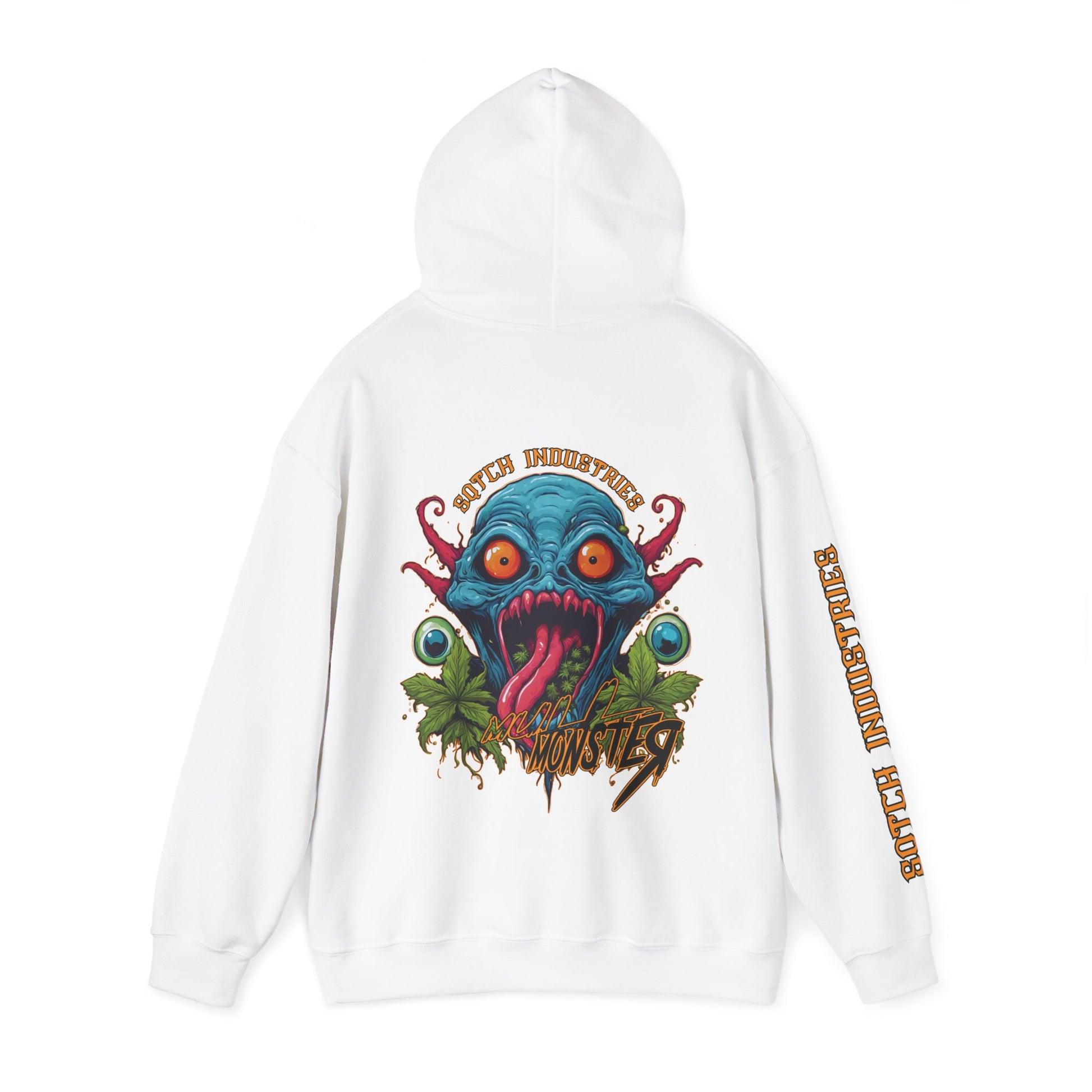 Back of a white cartoon style four twenty hoody