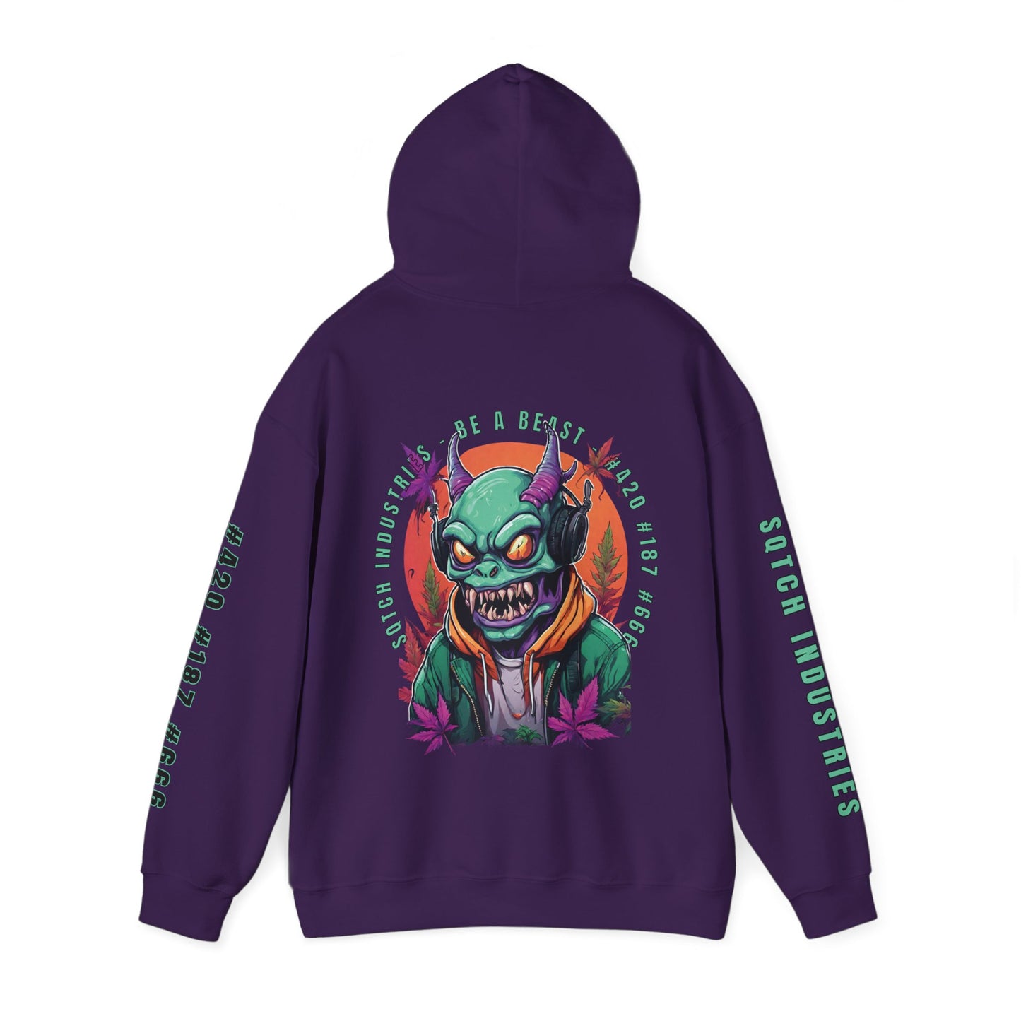 Back of a purple cartoon style gunja goblin four twenty hoody hood up