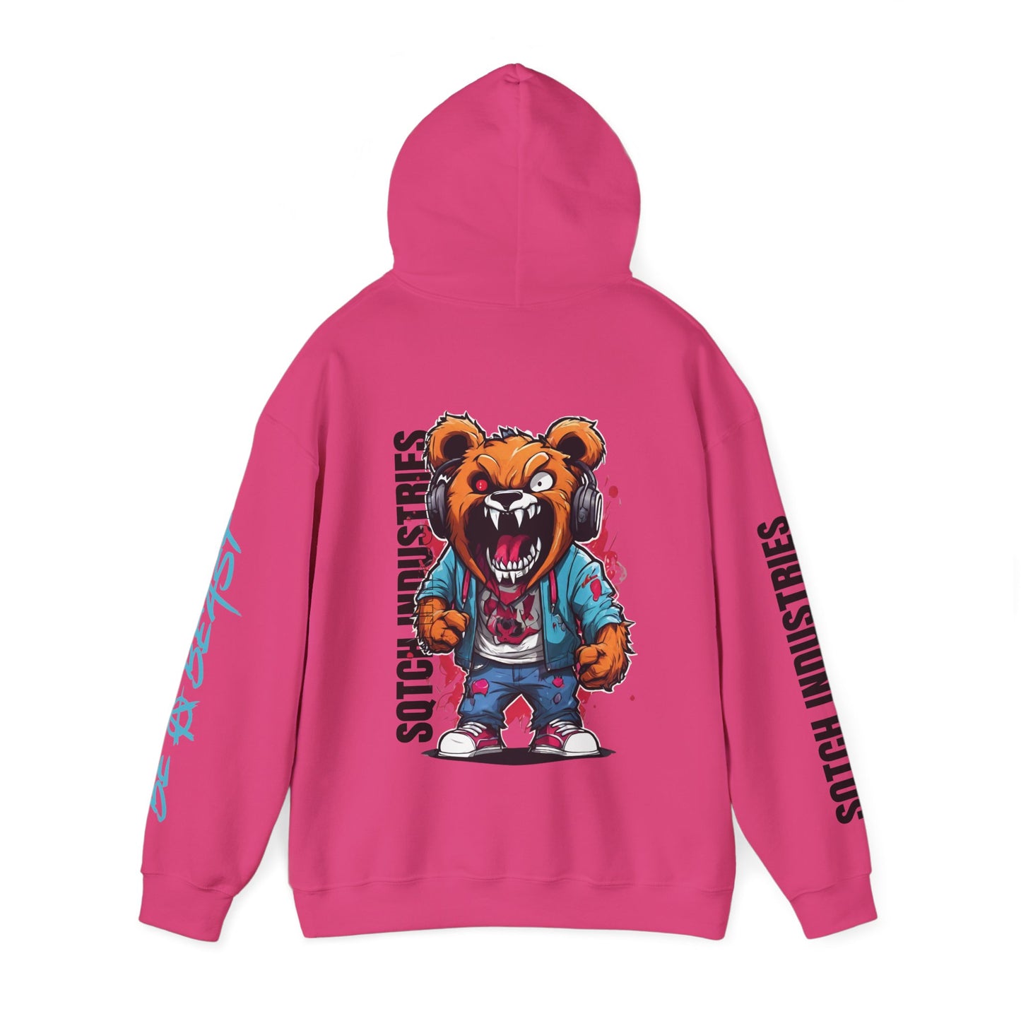 Back of a pink teddy bear graphic cartoon hoodie, hood up