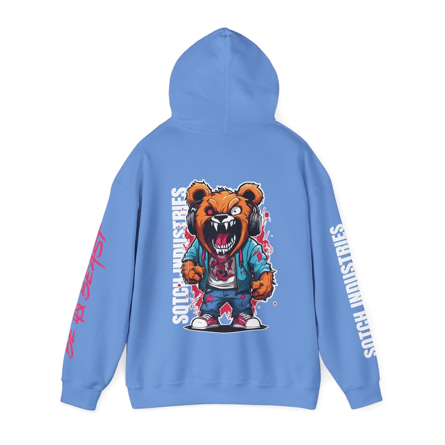 Back of a blue teddy bear graphic cartoon hoodie, hood up