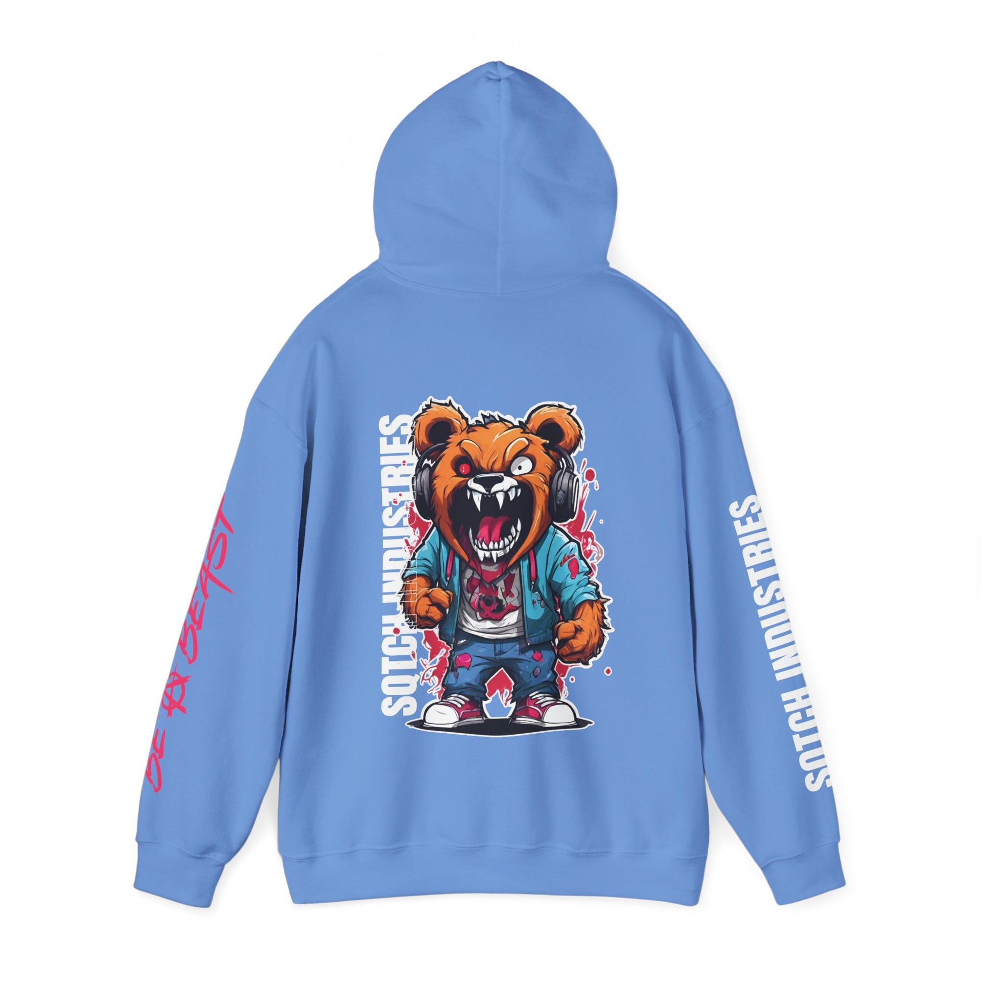 Back of a blue teddy bear graphic cartoon hoodie, hood up