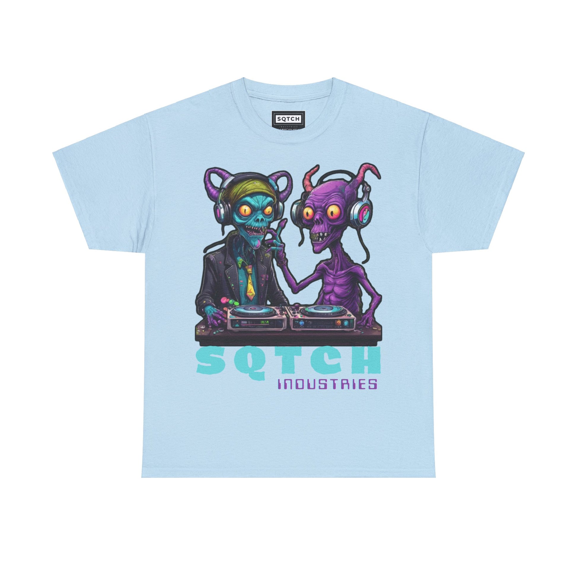 Blue alien graphic cartoon style sqtch industries tee