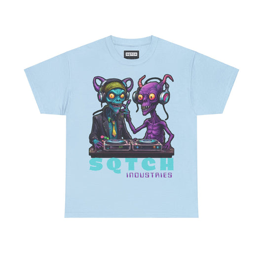 Blue alien graphic cartoon style sqtch industries tee