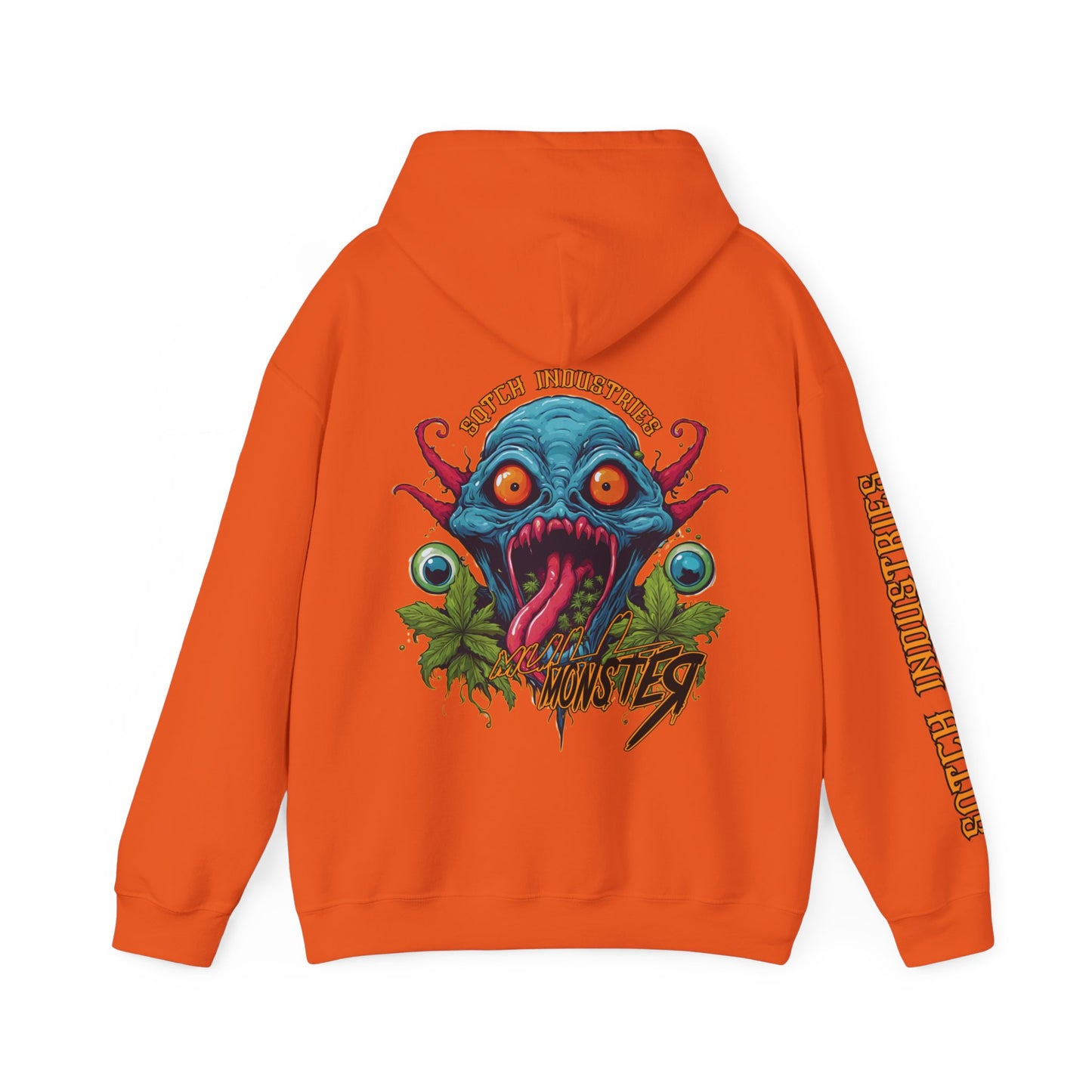 Back of a orange cartoon style four twenty hoody 