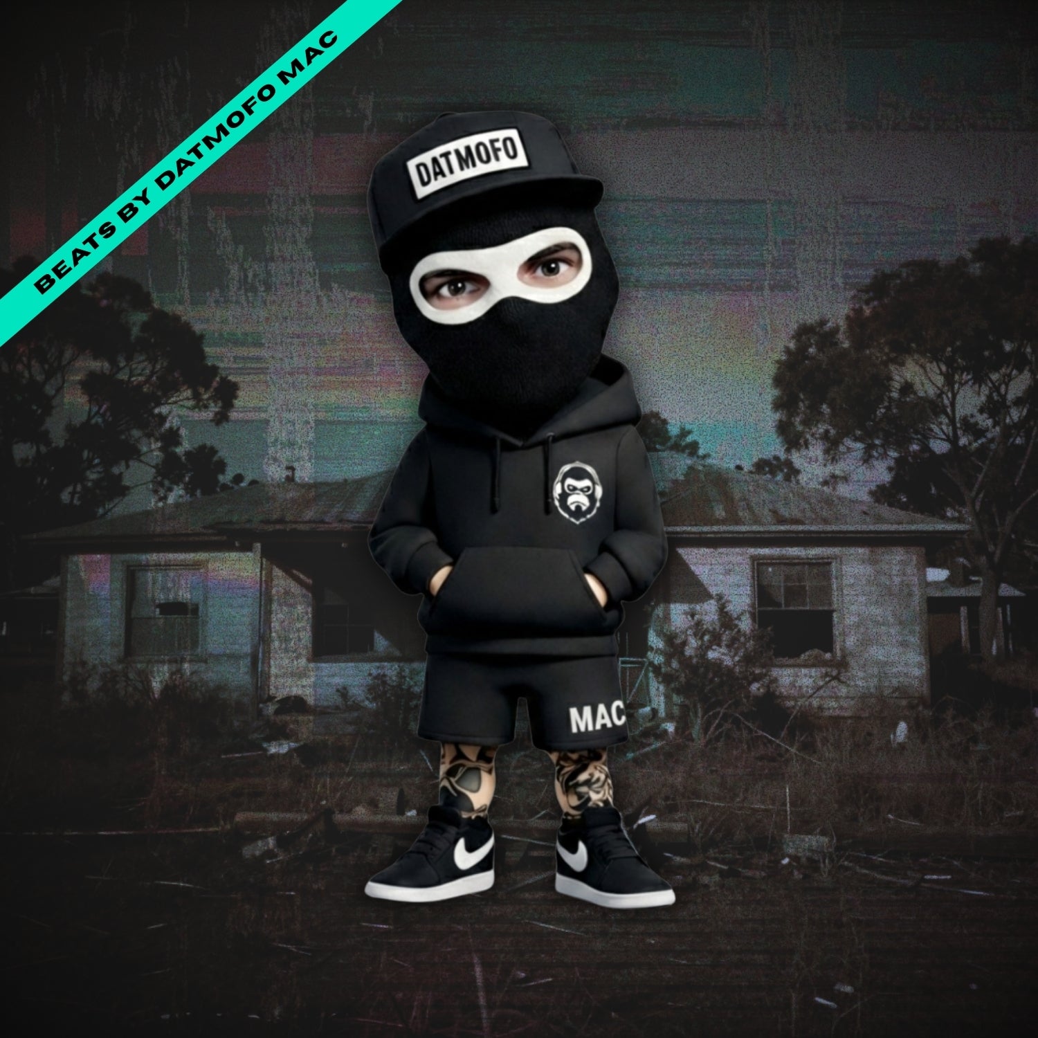 Person wearing a black outfit with 'DATMOFO' and 'MAC' branding in front of a dilapidated building.