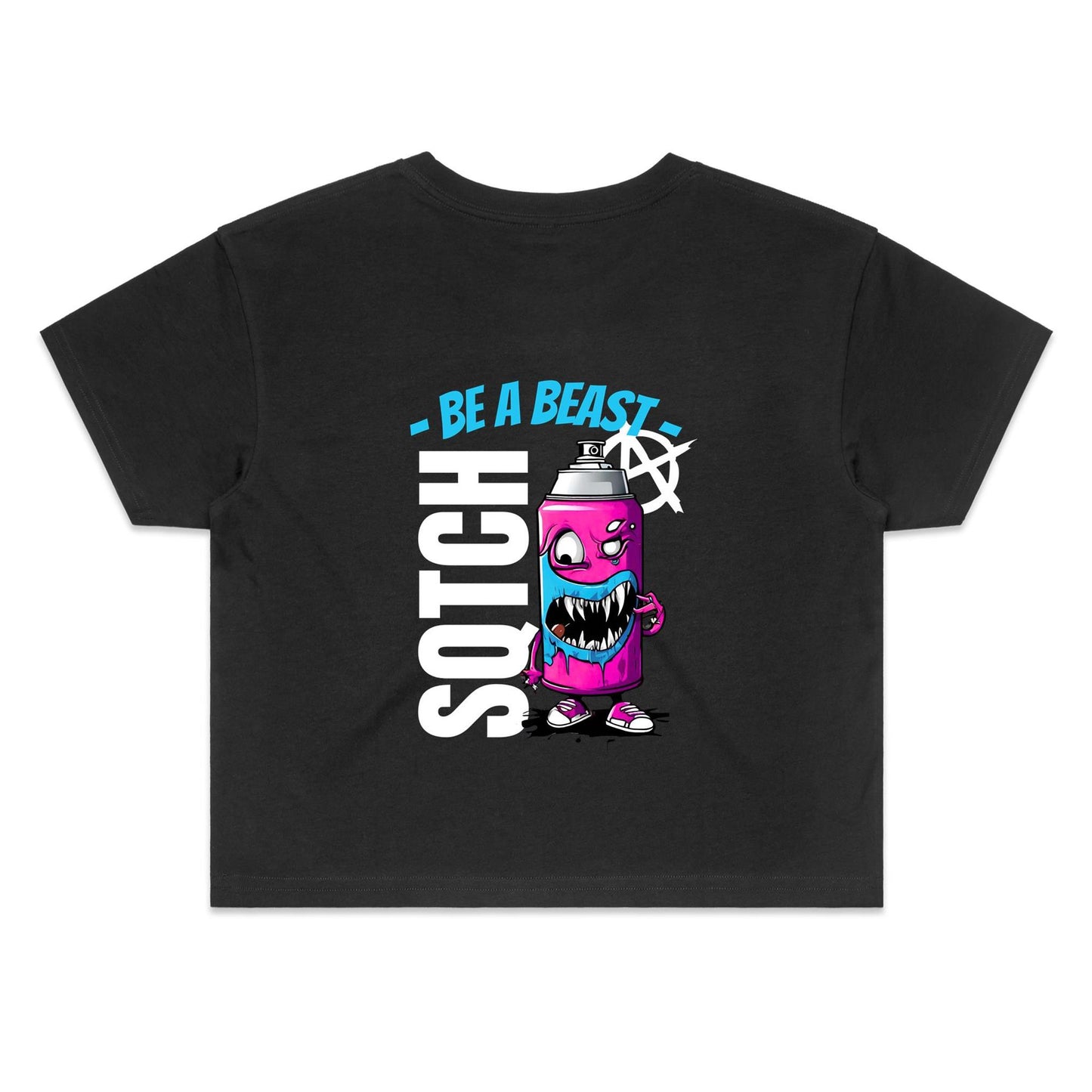 Black ladies crop top tee with a spraycan type monster graphic